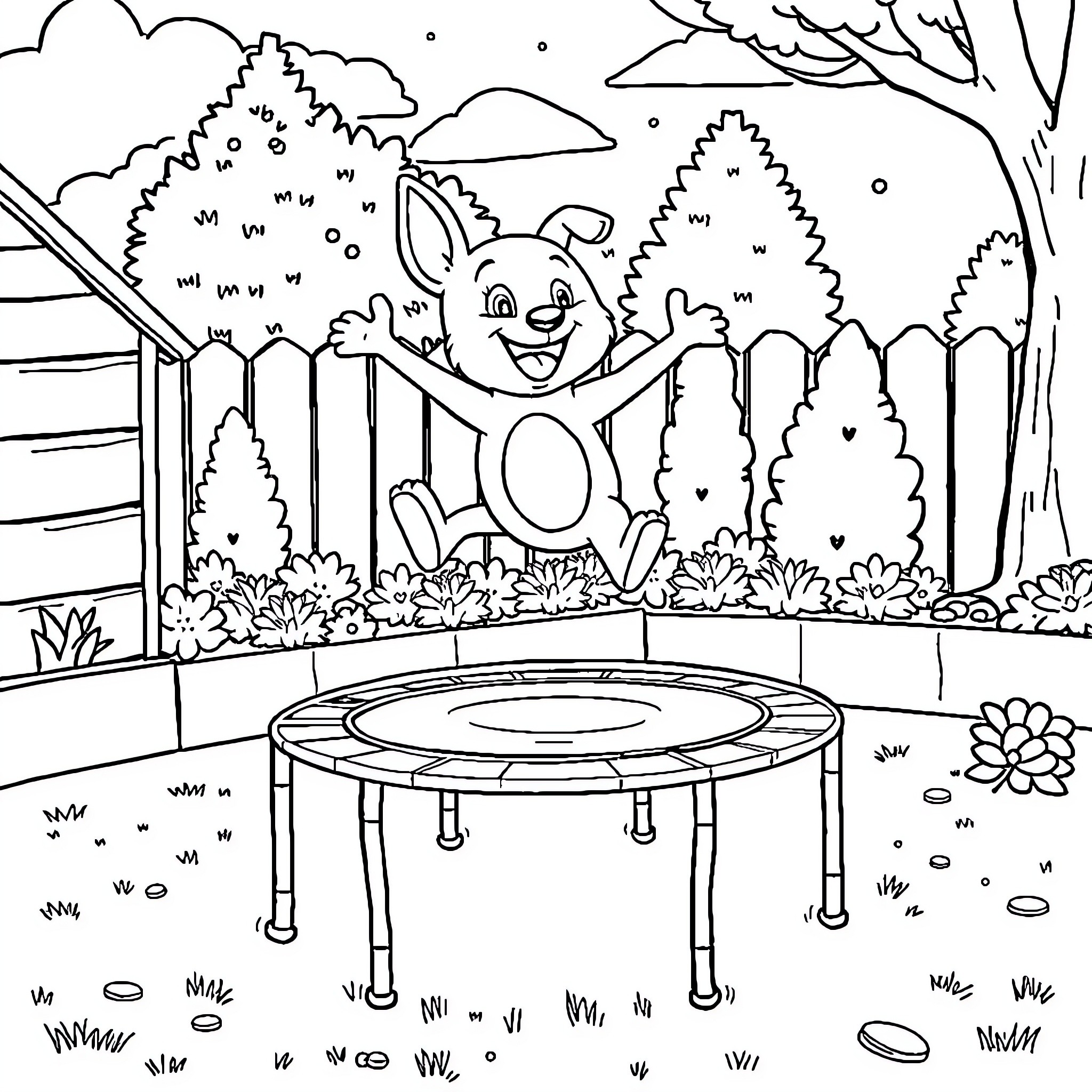 Bingo: Cheerful bunny playing in the garden Coloring Page (free black-and-white line drawing printable PDF for all, from beginners to advanced learners, including children, teens, adults, and seniors)
