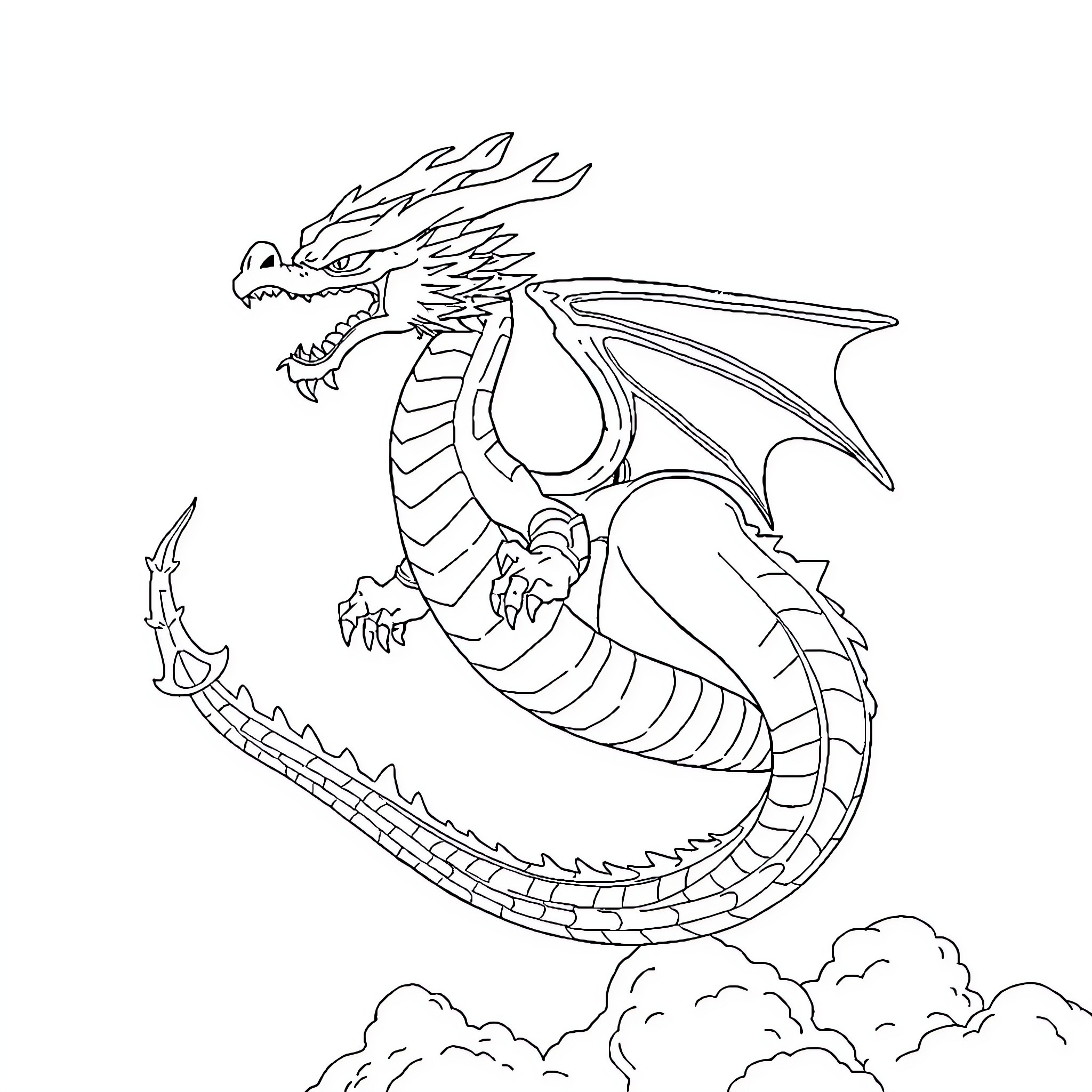 Shenron the Majestic Dragon Soaring through the Skies Coloring Page (free black-and-white line drawing printable PDF for all, from beginners to advanced learners, including children, teens, adults, and seniors)