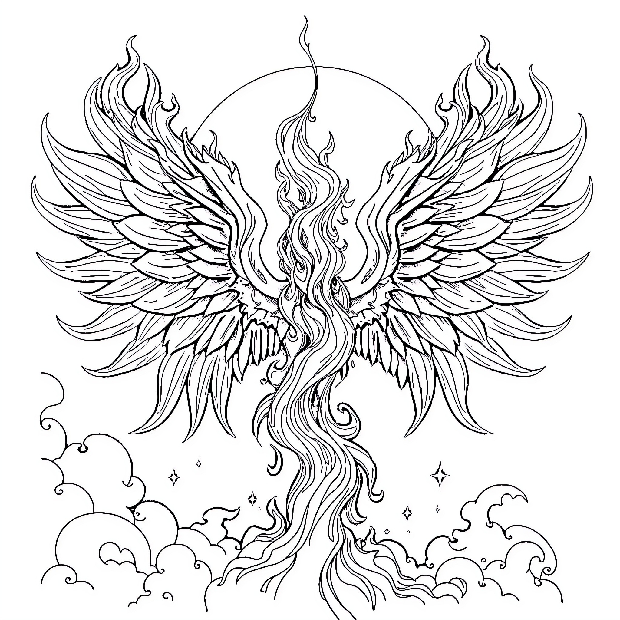 Winged Mythical Creature Soaring Through the Clouds Coloring Page (free black-and-white line drawing printable PDF for all, from beginners to advanced learners, including children, teens, adults, and seniors)