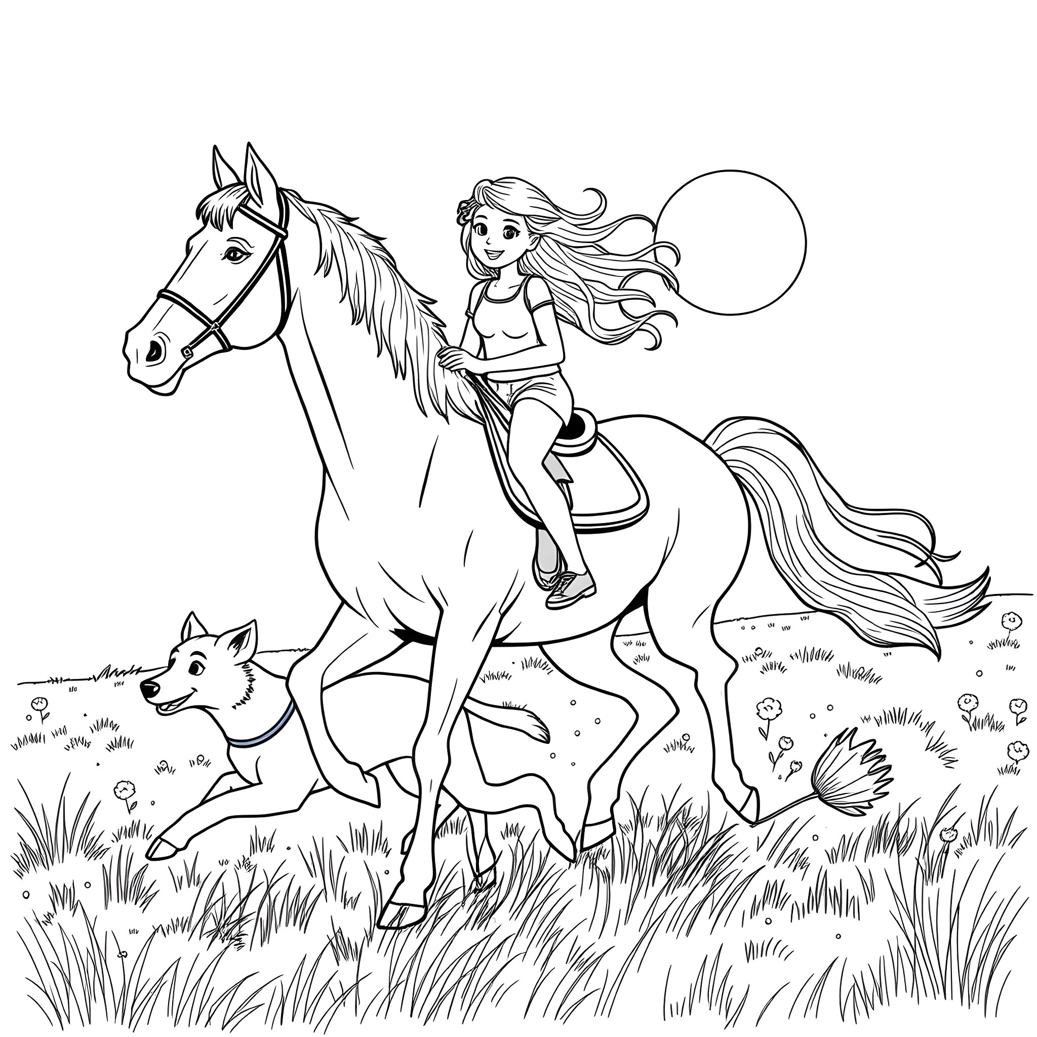 Teen Girl Riding Horse with Dog Companion Coloring Page (free black-and-white line drawing printable PDF for all, from beginners to advanced learners, including children, teens, adults, and seniors)