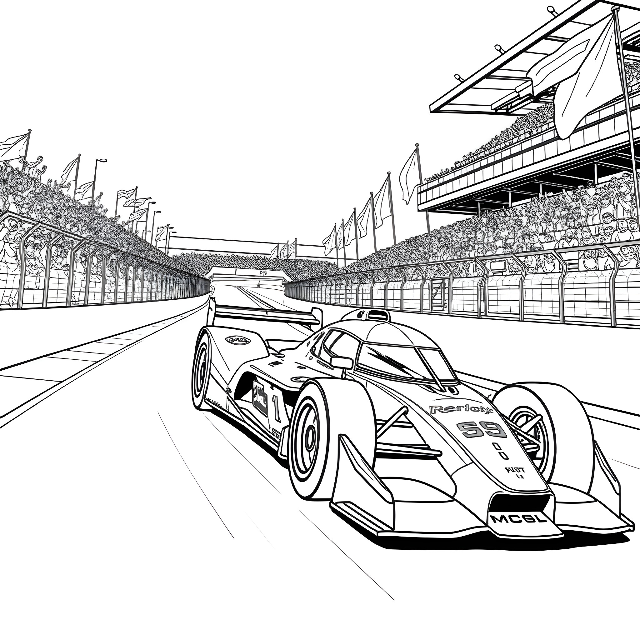 Racecar zooming on the racetrack with spectator stands Coloring Page (free black-and-white line drawing printable PDF for all, from beginners to advanced learners, including children, teens, adults, and seniors)