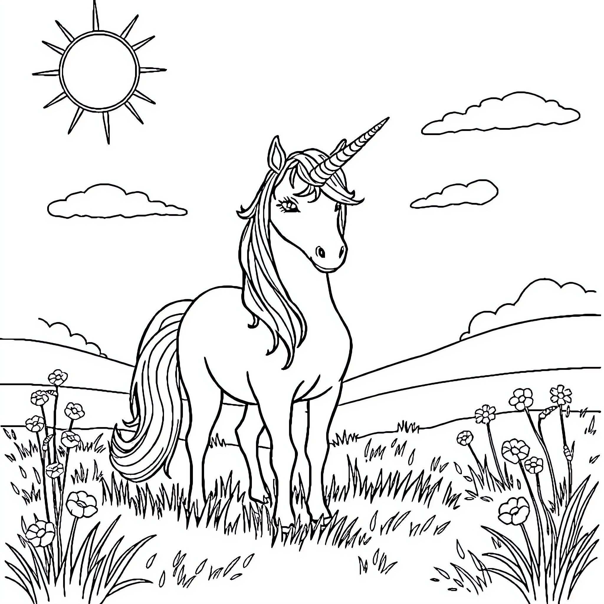 Unicorn standing in grassy meadow under sunny sky Coloring Page (free black-and-white line drawing printable PDF for all, from beginners to advanced learners, including children, teens, adults, and seniors)