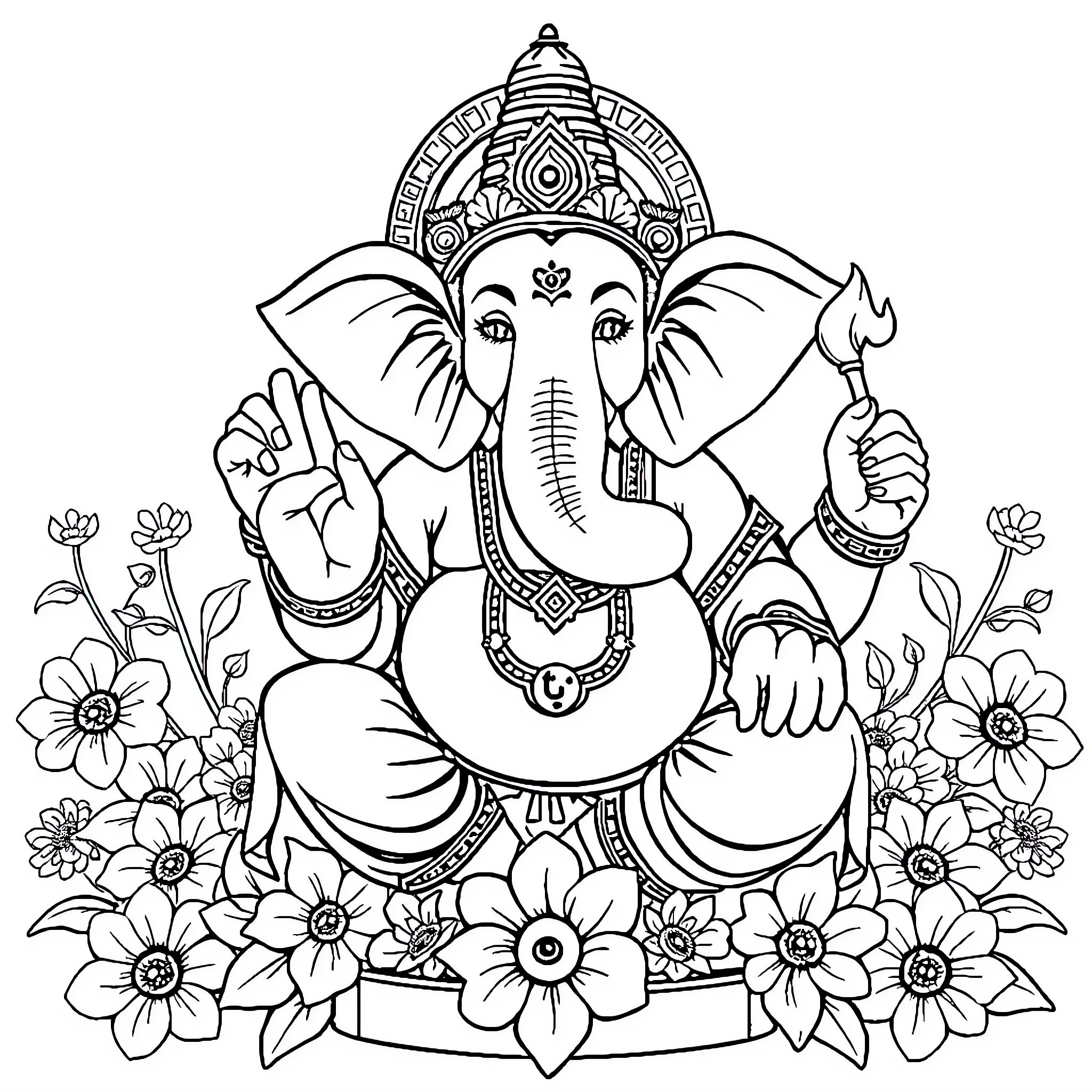 Ganesha, the Elephant-Headed Deity, Surrounded by Flowers Coloring Page (free black-and-white line drawing printable PDF for all, from beginners to advanced learners, including children, teens, adults, and seniors)