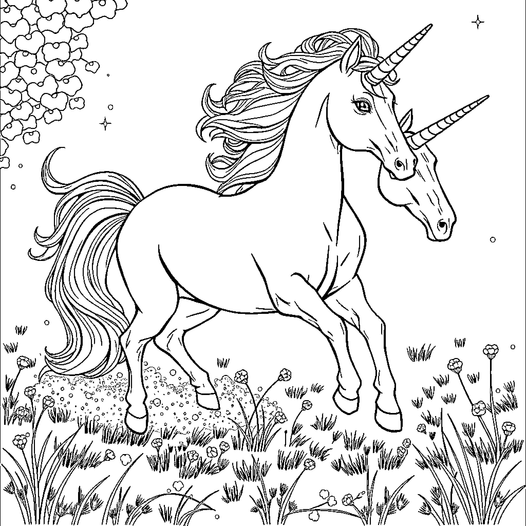 Unicorn Prancing Amidst Whimsical Flowers Coloring Page (free black-and-white line drawing printable PDF for all, from beginners to advanced learners, including children, teens, adults, and seniors)