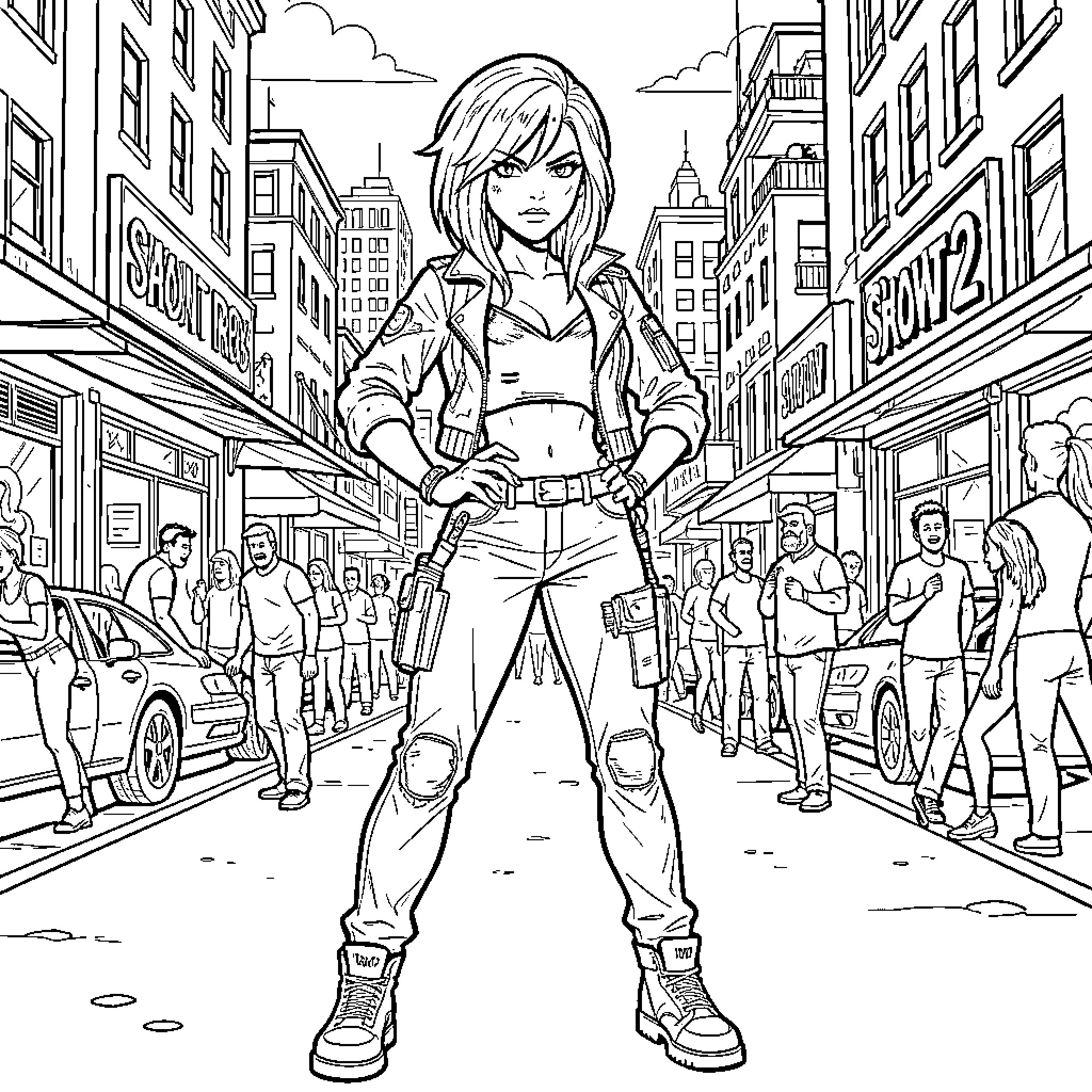 Shaundi standing confidently in a busy city street Coloring Page (free black-and-white line drawing printable PDF for all, from beginners to advanced learners, including children, teens, adults, and seniors)