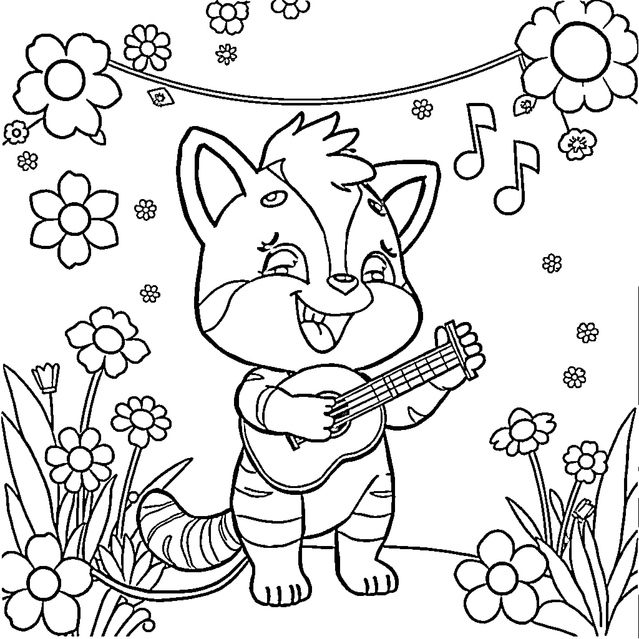 Kurmi the Playful Raccoon's Musical Adventure Coloring Page (free black-and-white line drawing printable PDF for all, from beginners to advanced learners, including children, teens, adults, and seniors)