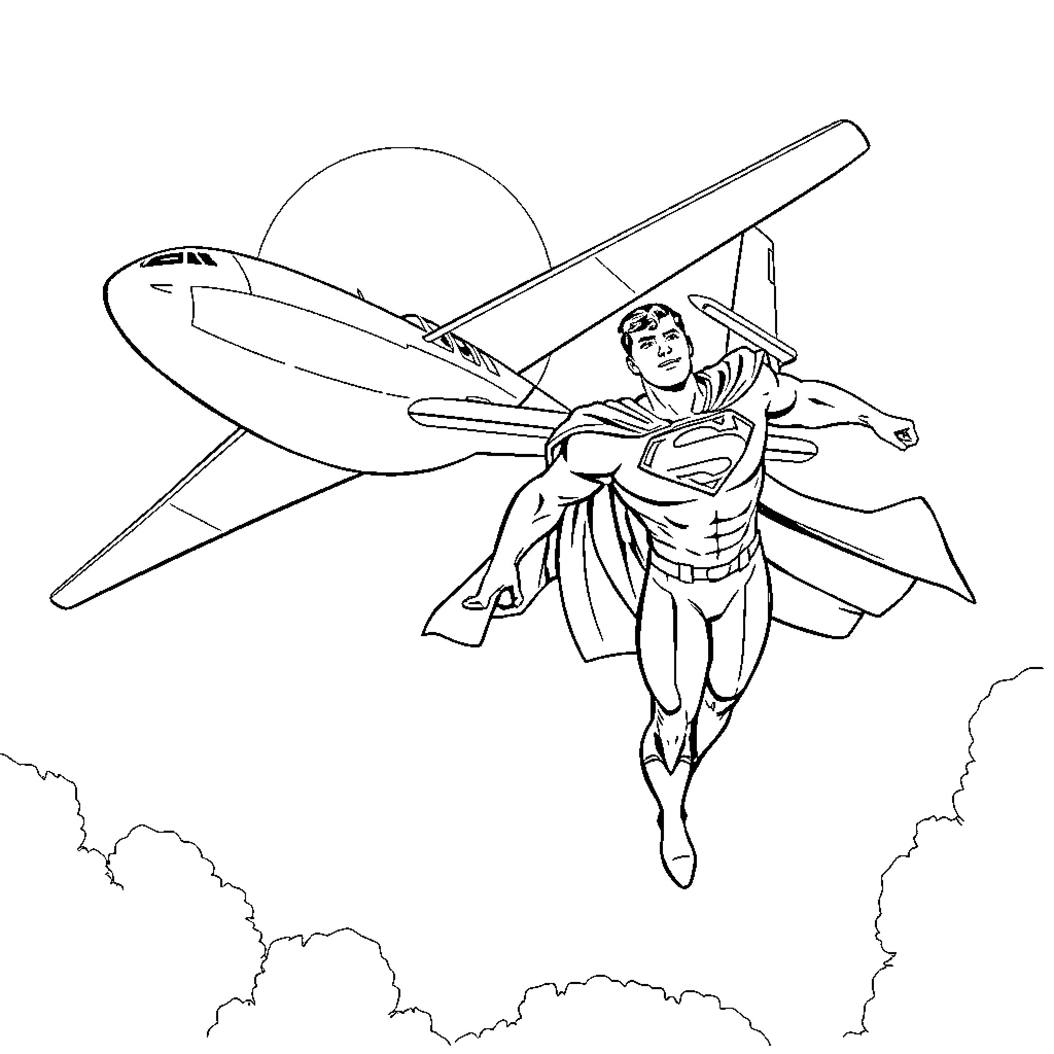 Superman soaring with heroic pose and jet in background Coloring Page (free black-and-white line drawing printable PDF for all, from beginners to advanced learners, including children, teens, adults, and seniors)