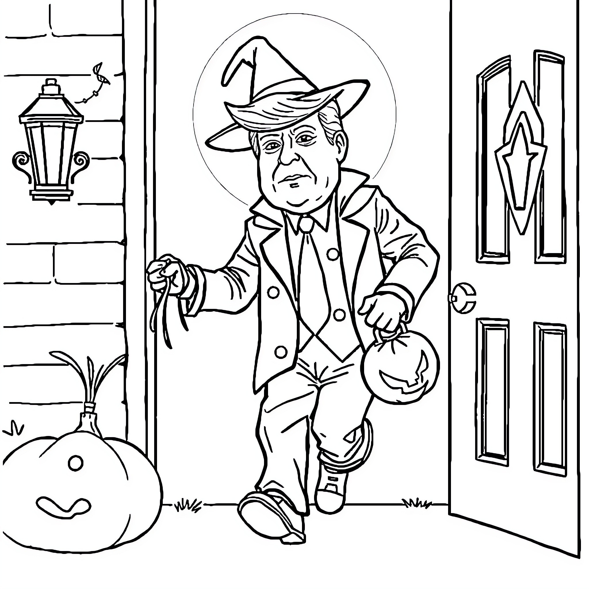 Trump in Whimsical Wizard Attire Coloring Page (free black-and-white line drawing printable PDF for all, from beginners to advanced learners, including children, teens, adults, and seniors)