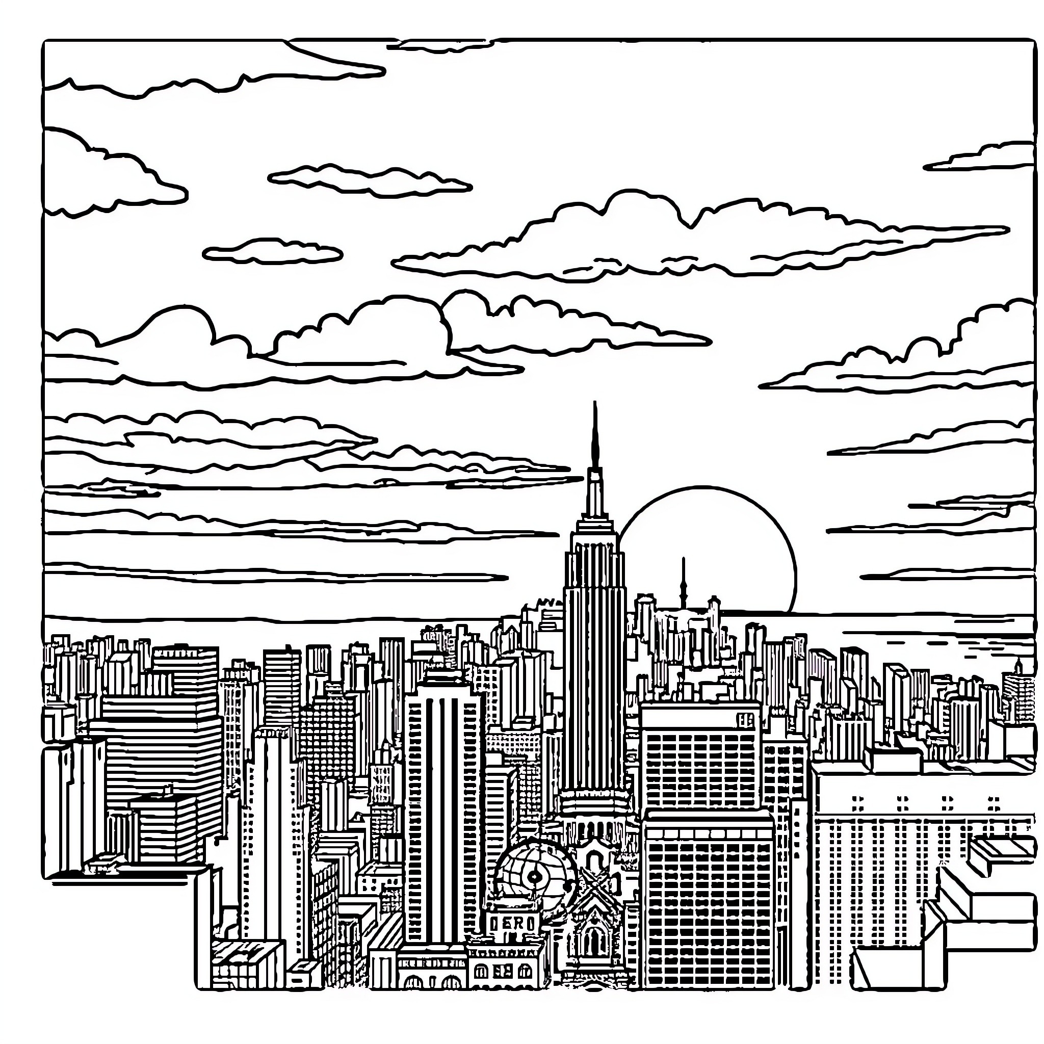 Sunset over the city skyline Coloring Page (free black-and-white line drawing printable PDF for all, from beginners to advanced learners, including children, teens, adults, and seniors)