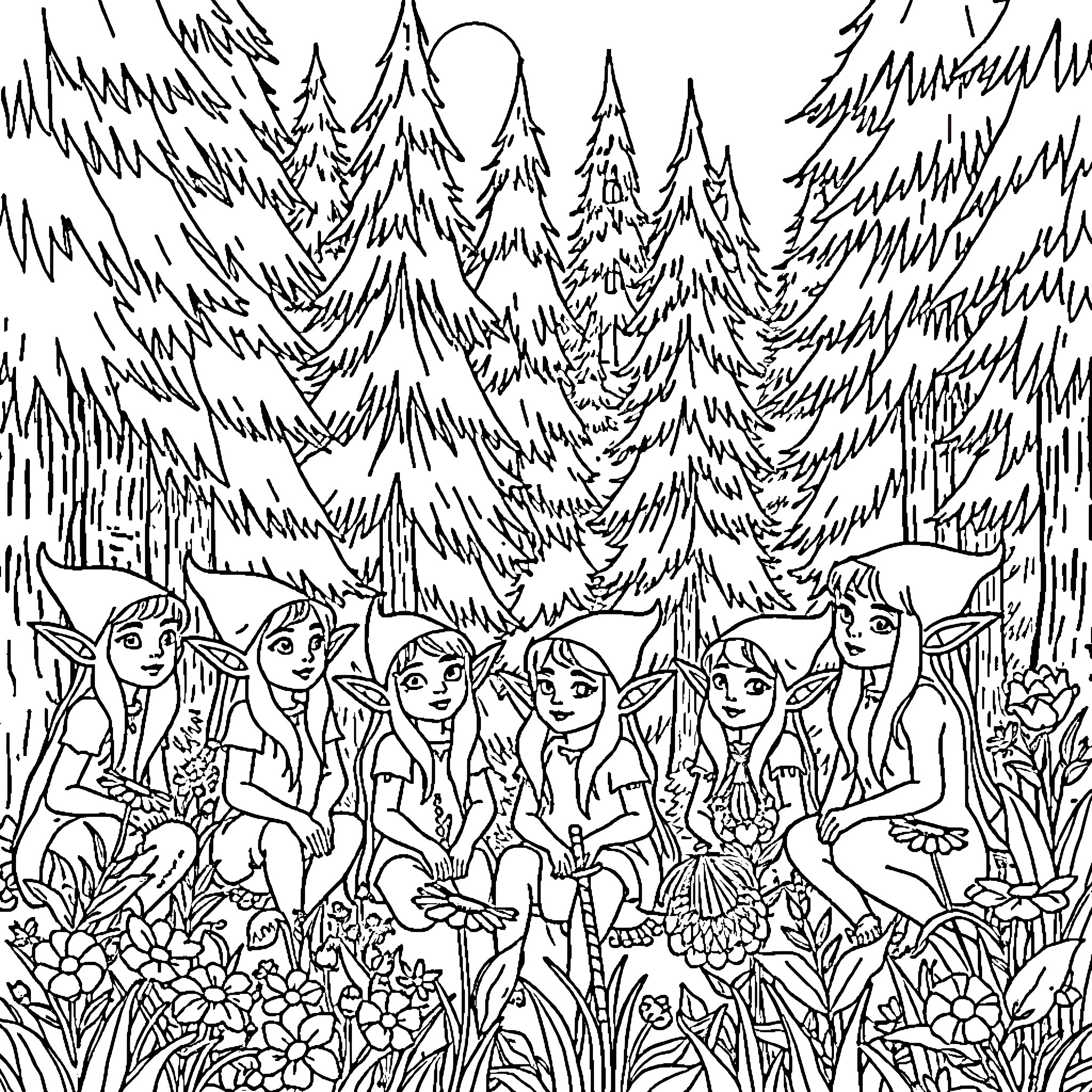 Elf Elves Gather in Enchanted Forest Coloring Page (free black-and-white line drawing printable PDF for all, from beginners to advanced learners, including children, teens, adults, and seniors)