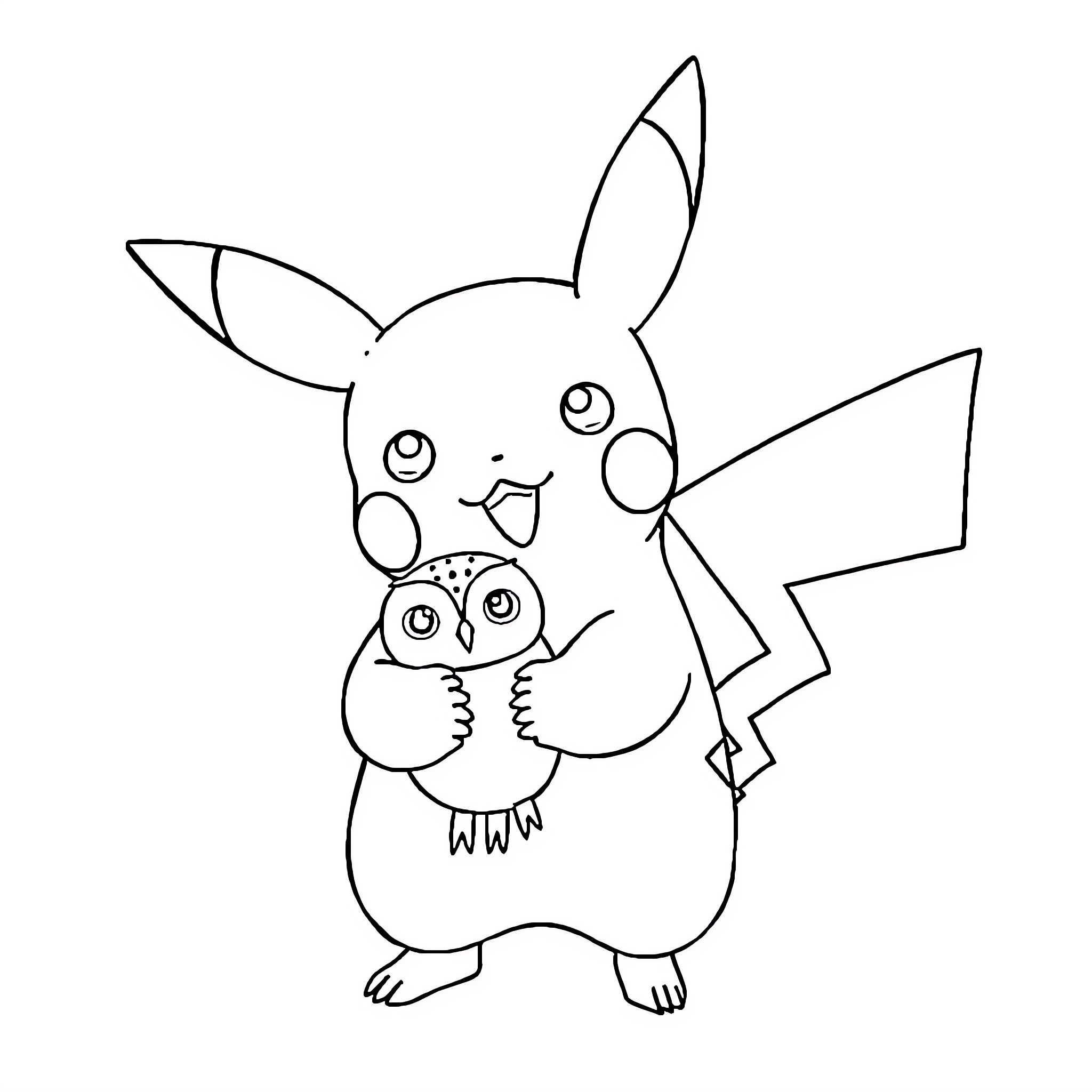 Pikachu hugging a small Pokemon companion Coloring Page (free black-and-white line drawing printable PDF for all, from beginners to advanced learners, including children, teens, adults, and seniors)