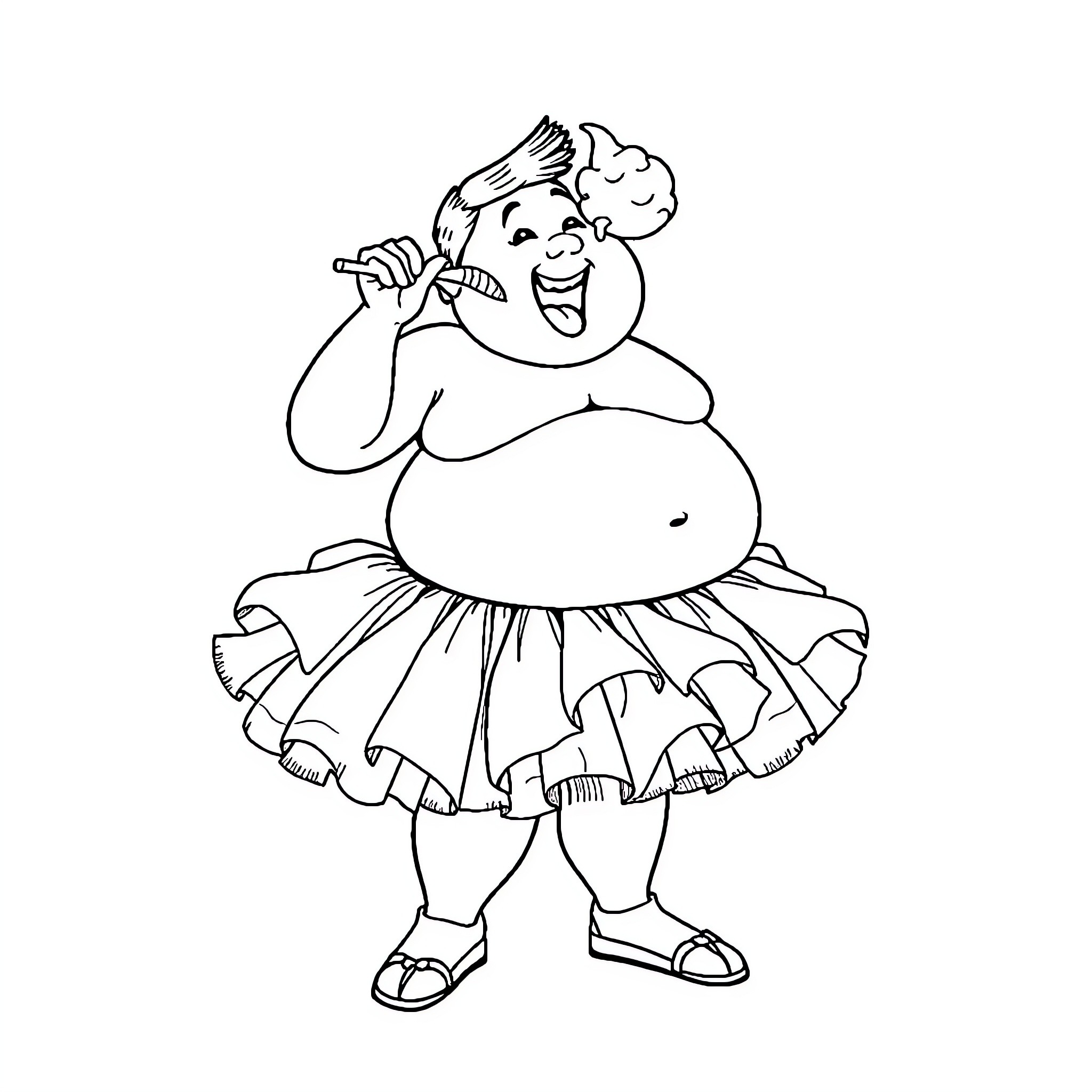 Gut Chubby Dancing Woman in Whimsical Outfit Coloring Page (free black-and-white line drawing printable PDF for all, from beginners to advanced learners, including children, teens, adults, and seniors)