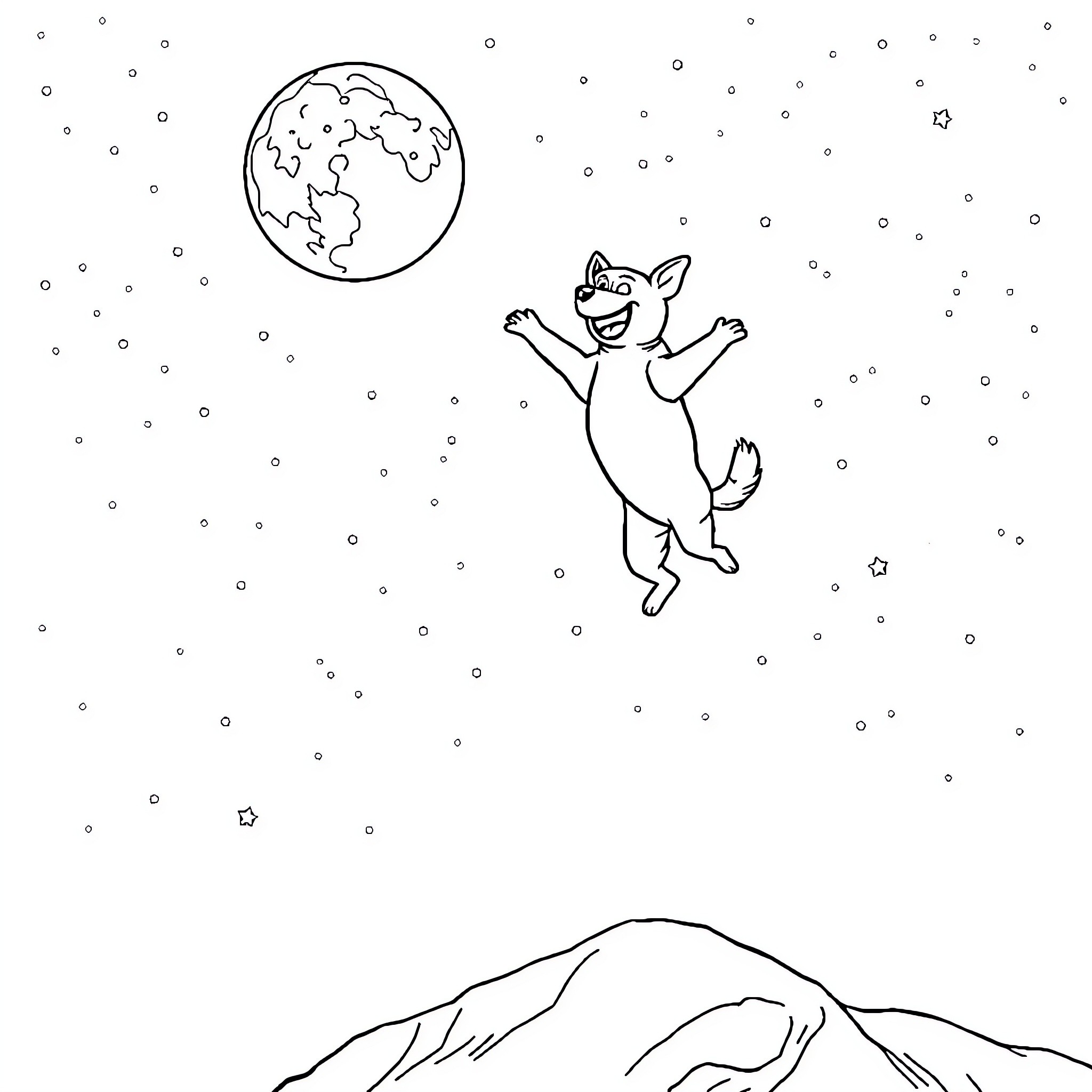 Dog joyfully jumping under the starry night sky Coloring Page (free black-and-white line drawing printable PDF for all, from beginners to advanced learners, including children, teens, adults, and seniors)