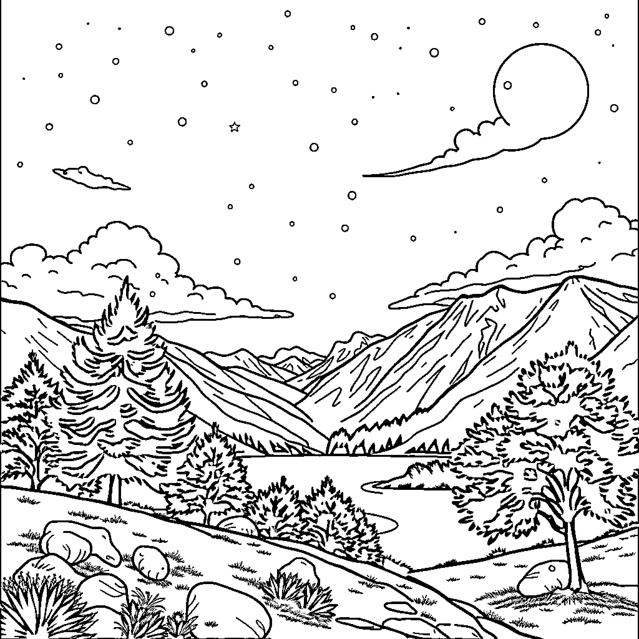 Child enjoying scenic mountain landscape Coloring Page (free black-and-white line drawing printable PDF for all, from beginners to advanced learners, including children, teens, adults, and seniors)