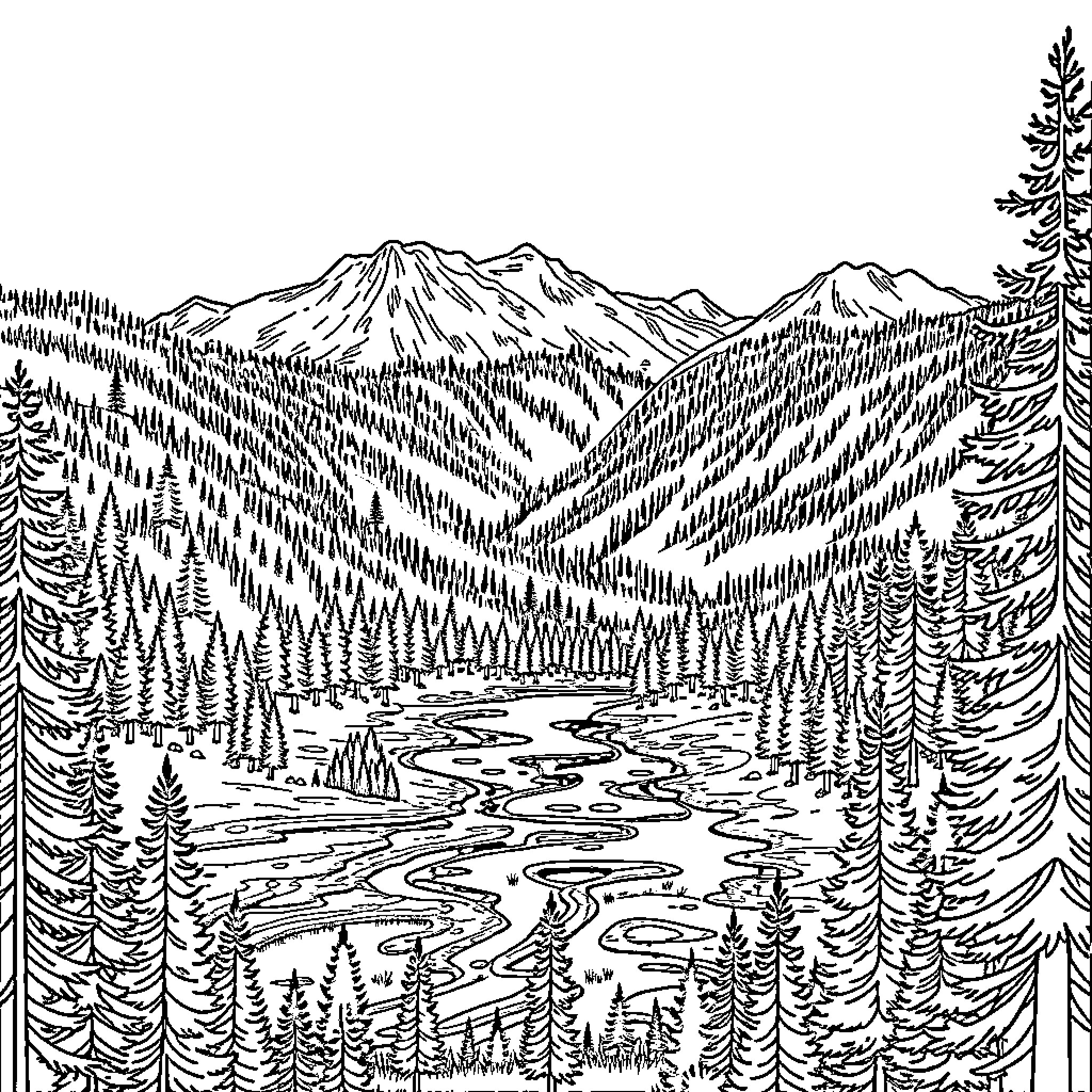 Yellowstone wilderness landscape with mountains and trees Coloring Page (free black-and-white line drawing printable PDF for all, from beginners to advanced learners, including children, teens, adults, and seniors)