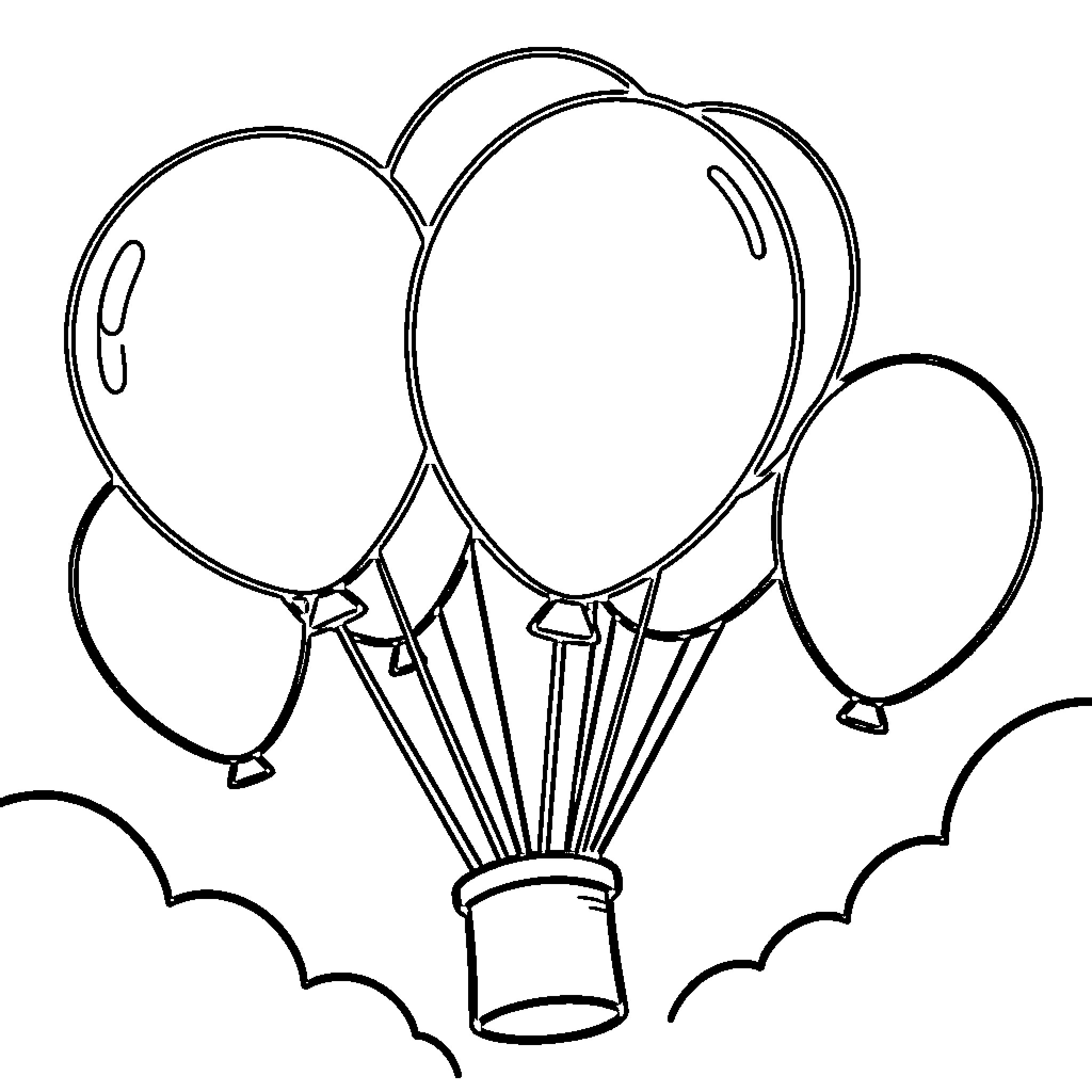 Balloon bunch floating high among the fluffy clouds Coloring Page (free black-and-white line drawing printable PDF for all, from beginners to advanced learners, including children, teens, adults, and seniors)
