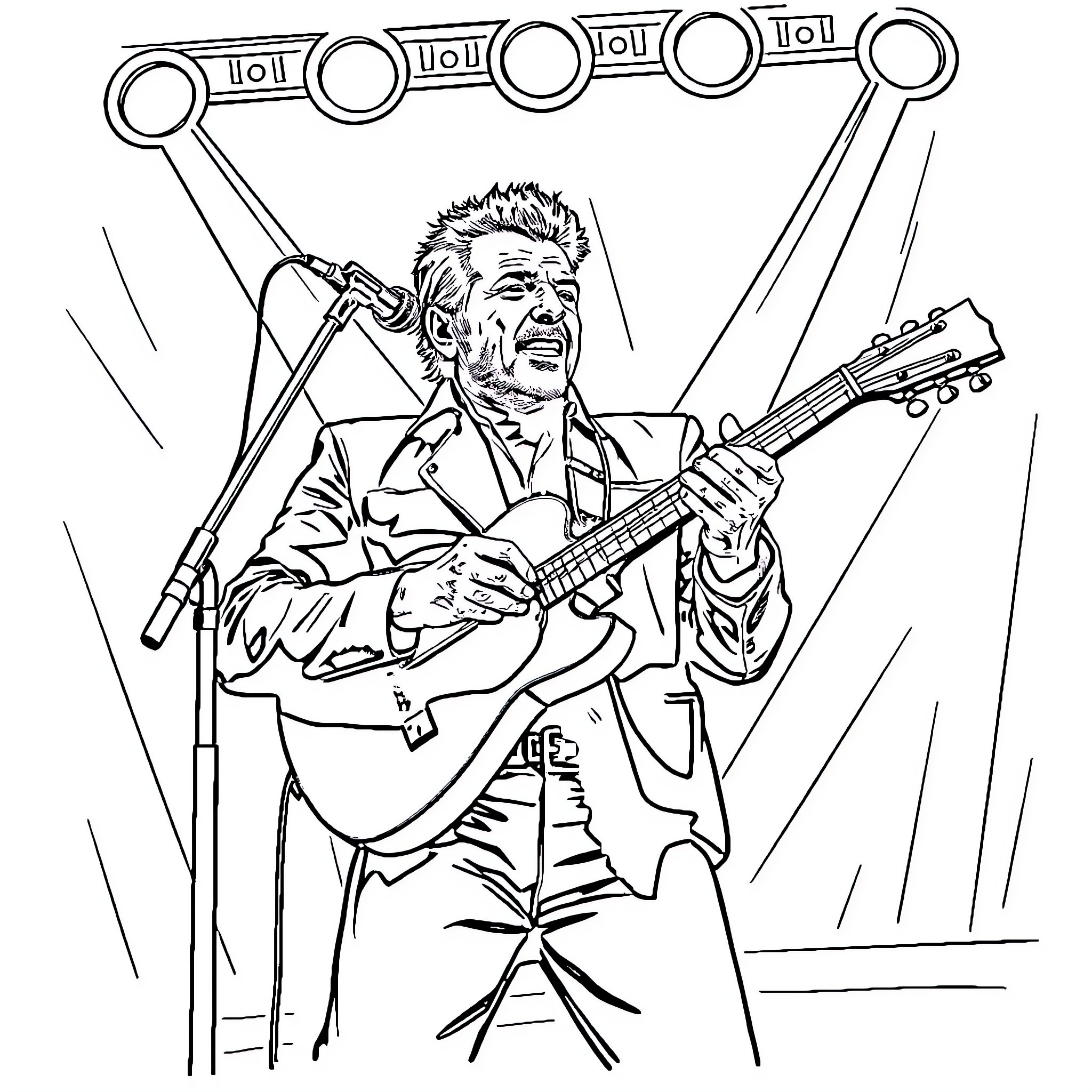 Johnny Hallyday performing on stage with guitar Coloring Page (free black-and-white line drawing printable PDF for all, from beginners to advanced learners, including children, teens, adults, and seniors)