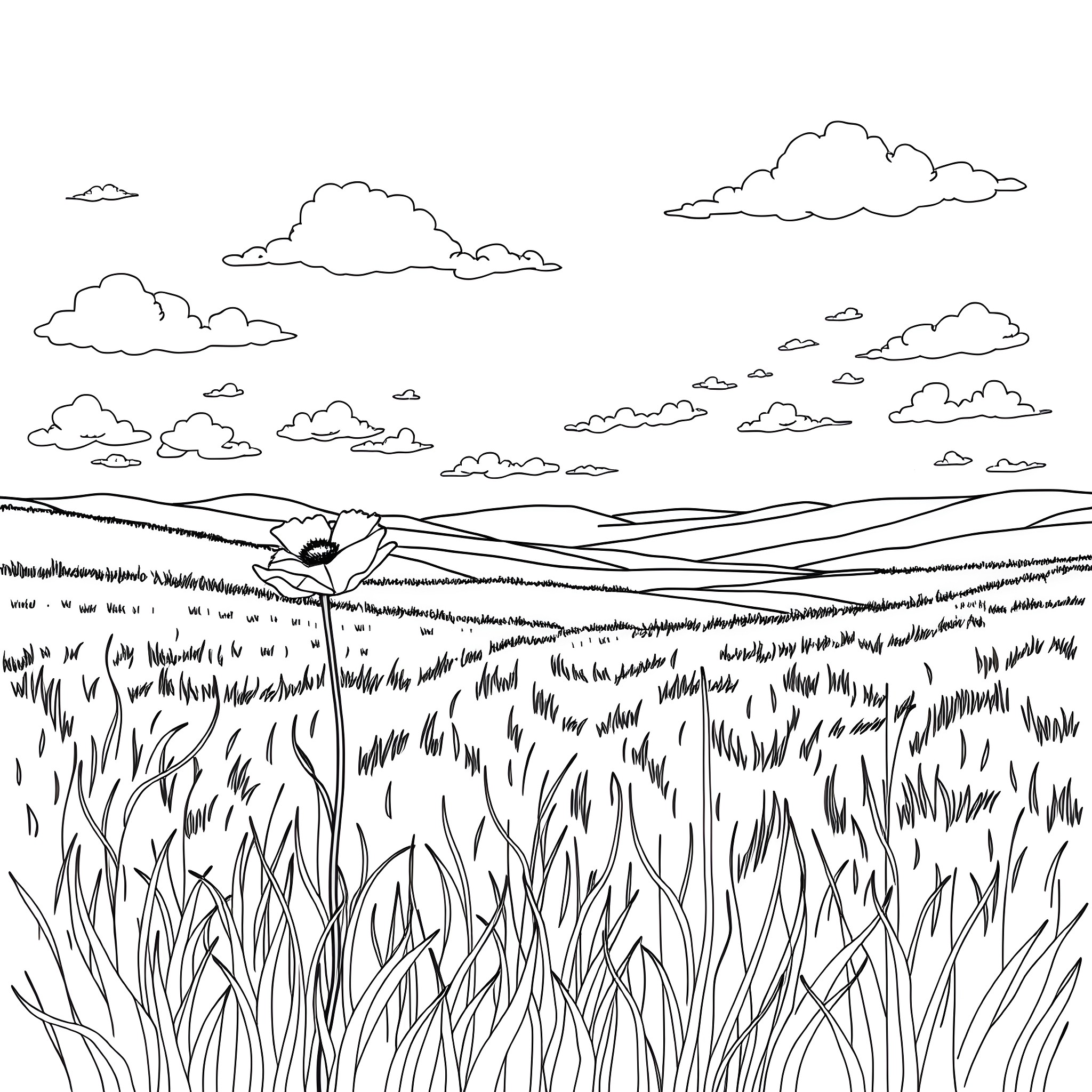 Poppy field with flowing grass and cloudy sky Coloring Page (free black-and-white line drawing printable PDF for all, from beginners to advanced learners, including children, teens, adults, and seniors)
