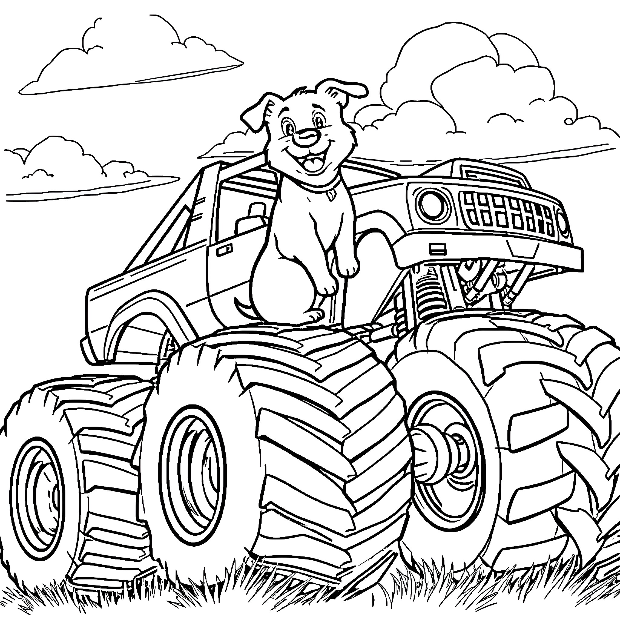 Dog playing happily on a monster truck in the park Coloring Page (free black-and-white line drawing printable PDF for all, from beginners to advanced learners, including children, teens, adults, and seniors)