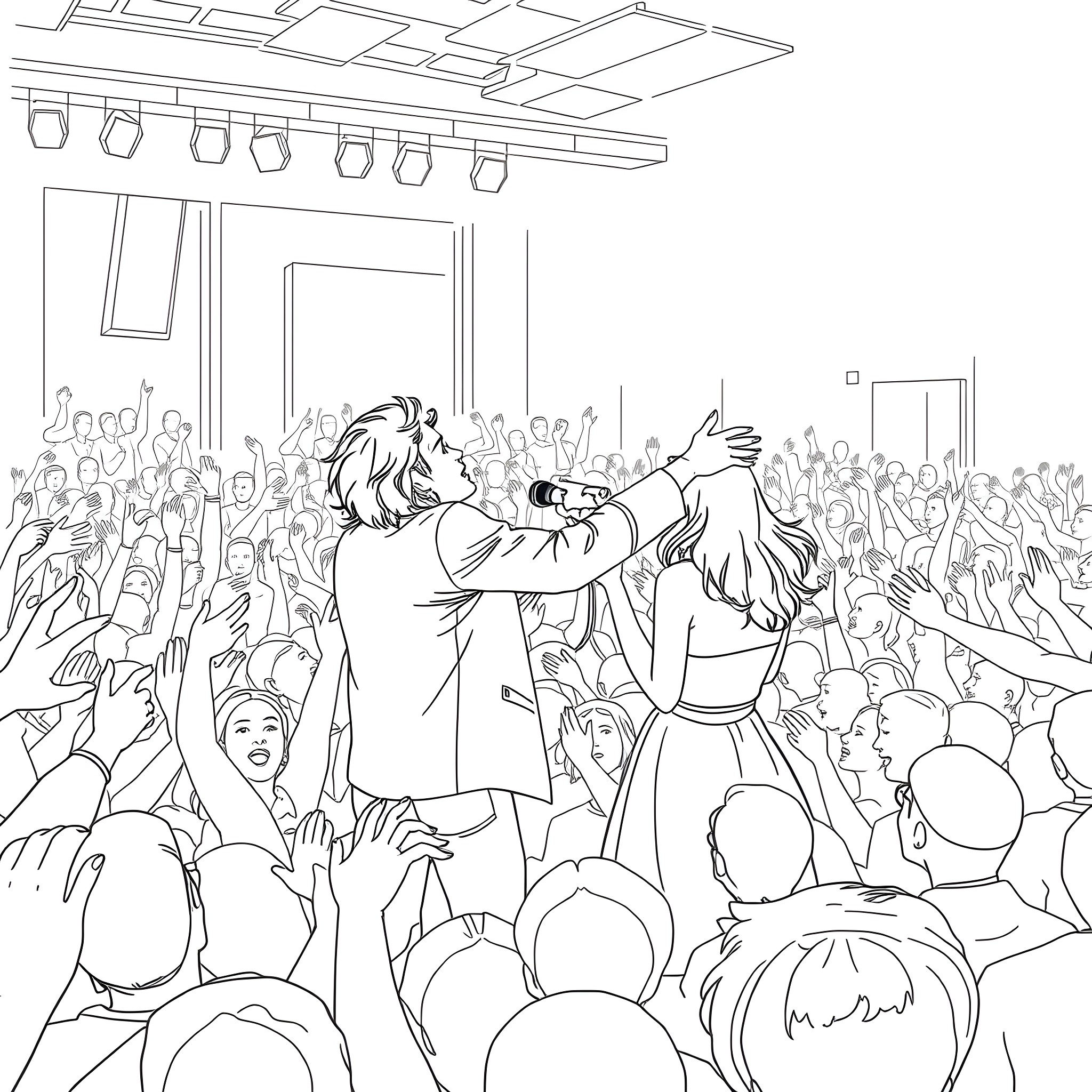 Harry Styles performing on stage with adoring fans Coloring Page (free black-and-white line drawing printable PDF for all, from beginners to advanced learners, including children, teens, adults, and seniors)