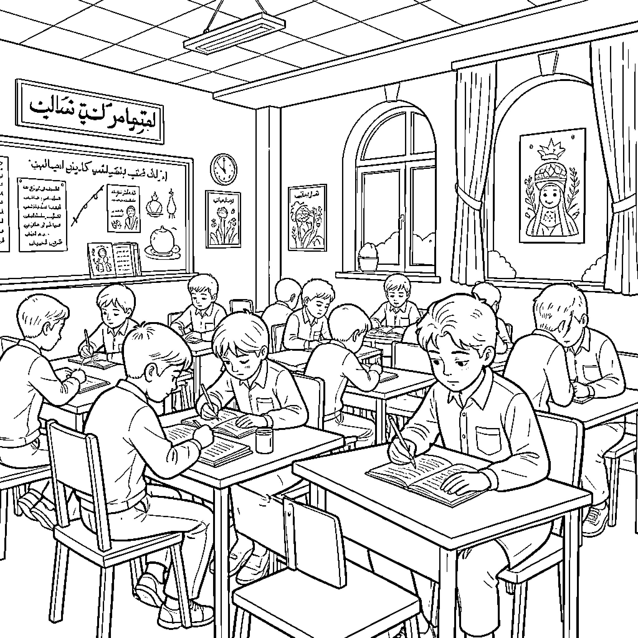 Maktab students sitting at desks studying in a classroom Coloring Page (free black-and-white line drawing printable PDF for all, from beginners to advanced learners, including children, teens, adults, and seniors)