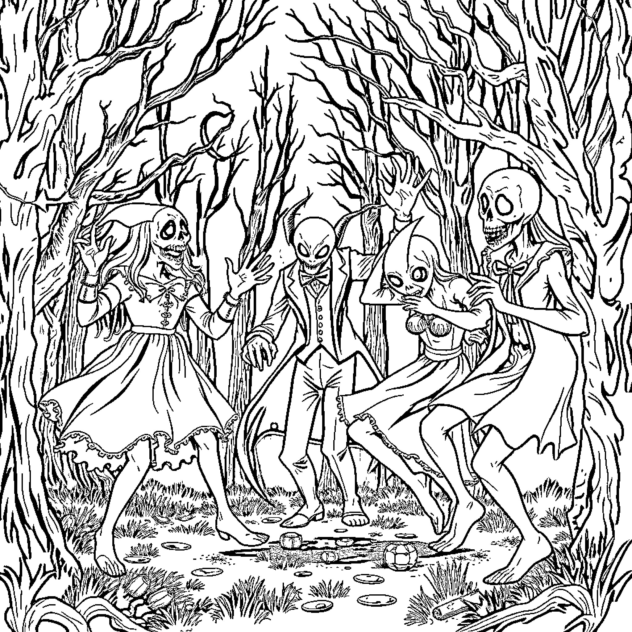 Villain skeleton crew dancing in the enchanted forest Coloring Page (free black-and-white line drawing printable PDF for all, from beginners to advanced learners, including children, teens, adults, and seniors)