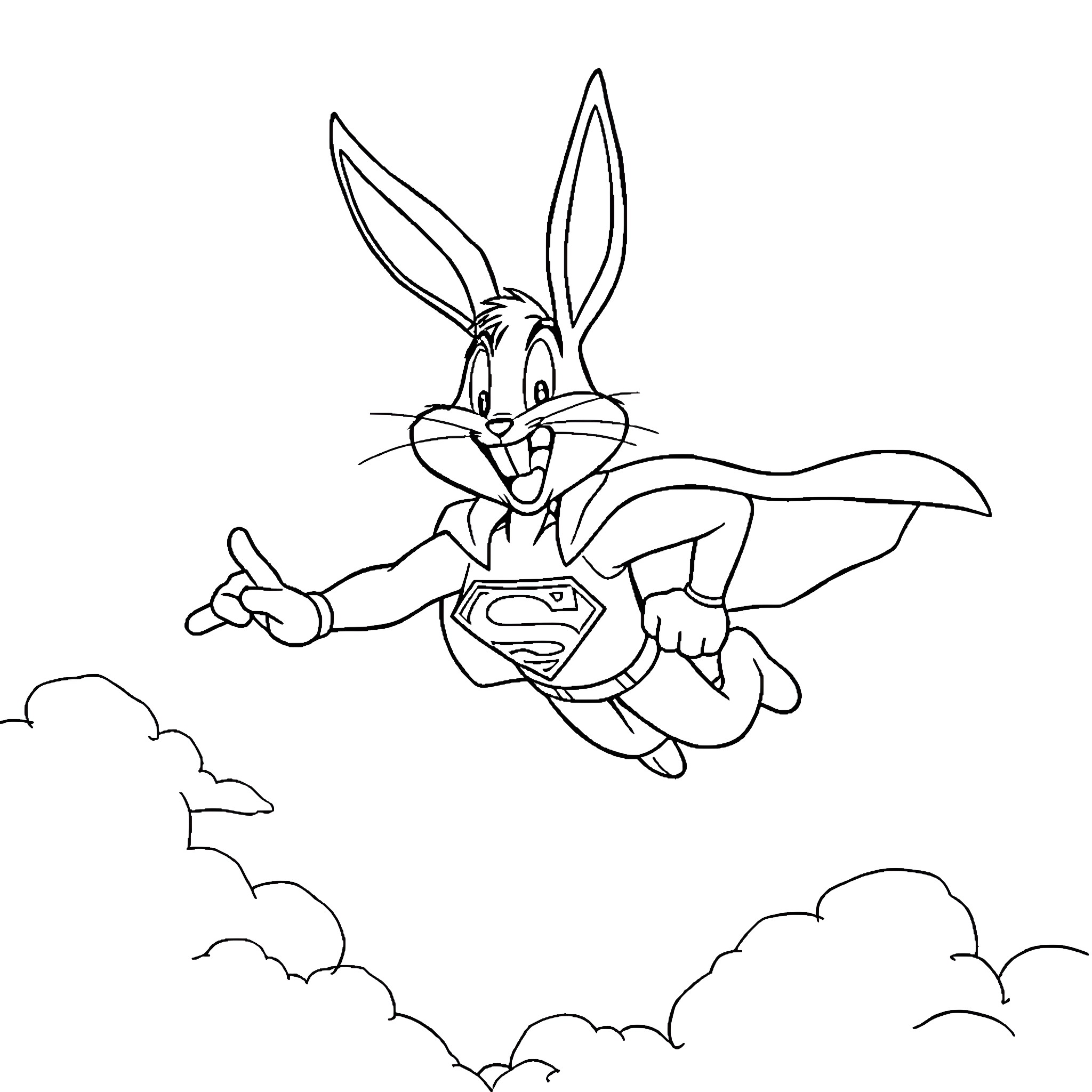 Bugs Bunny soaring with superhero costume in the sky Coloring Page (free black-and-white line drawing printable PDF for all, from beginners to advanced learners, including children, teens, adults, and seniors)