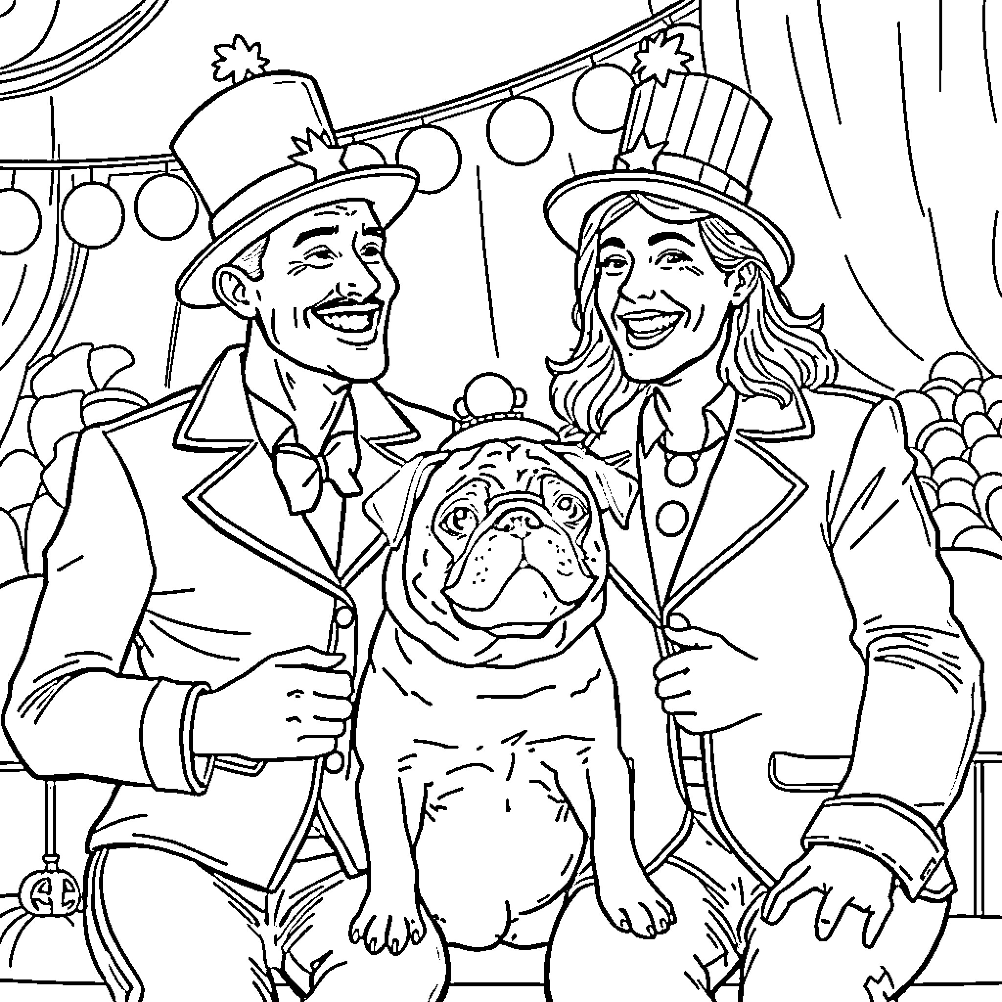 Couple in formal attire with their pet dog at a carnival Coloring Page (free black-and-white line drawing printable PDF for all, from beginners to advanced learners, including children, teens, adults, and seniors)