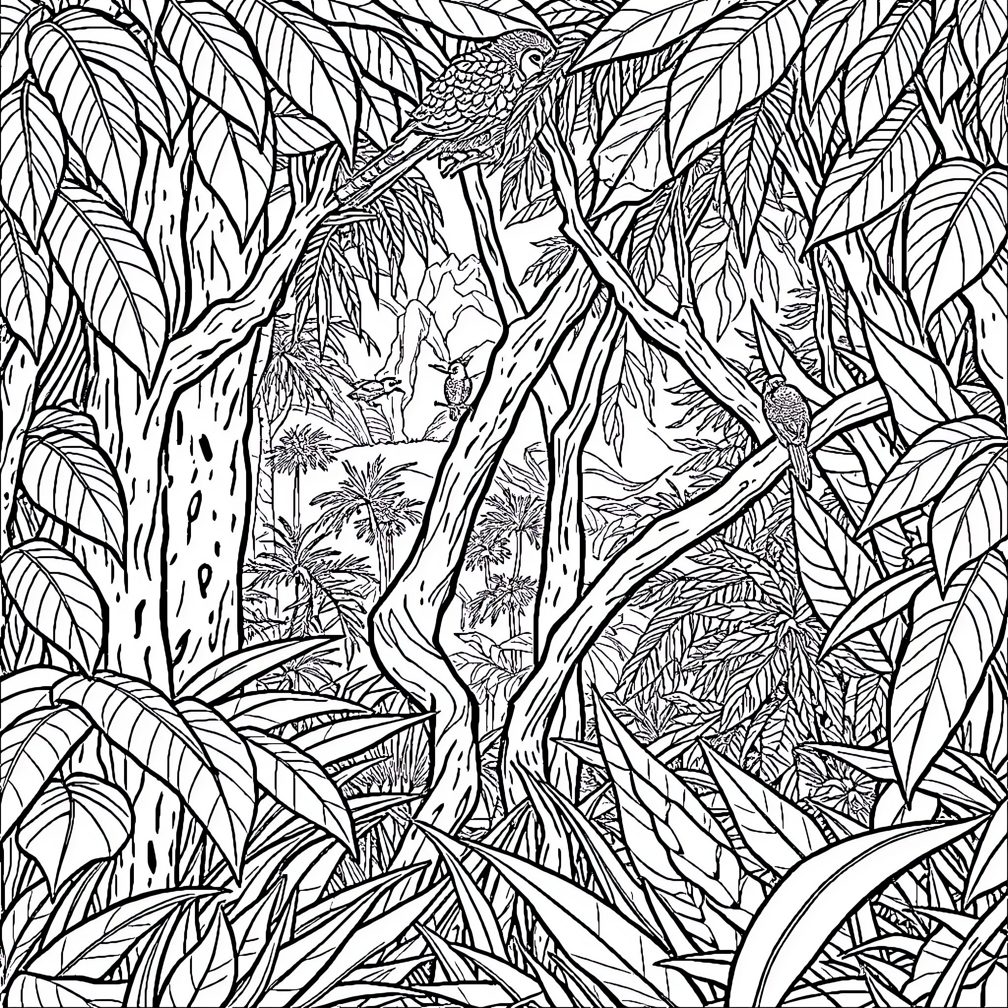 Doll in a Lush Tropical Wilderness Coloring Page (free black-and-white line drawing printable PDF for all, from beginners to advanced learners, including children, teens, adults, and seniors)