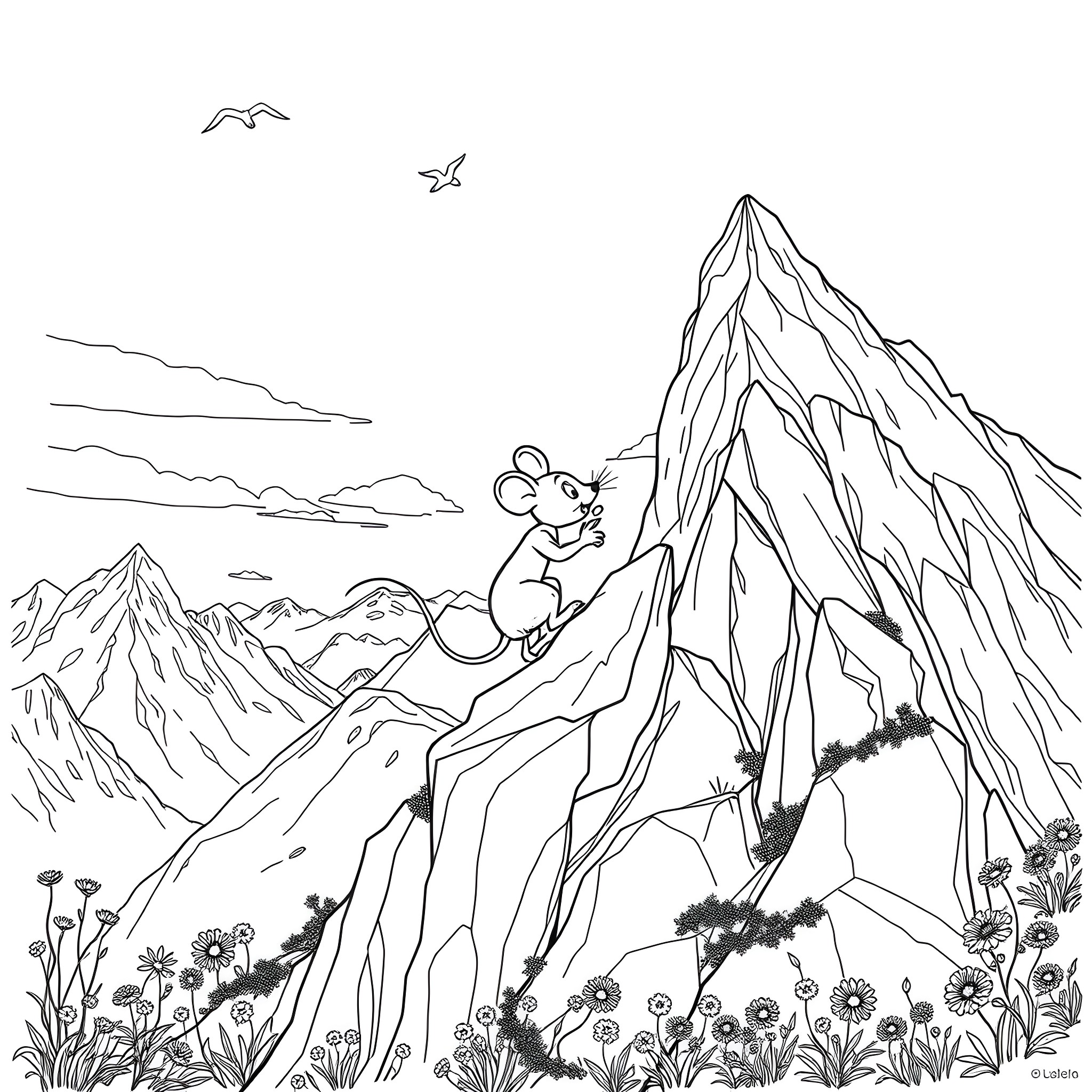 Mice adventuring in the mountainous landscape Coloring Page (free black-and-white line drawing printable PDF for all, from beginners to advanced learners, including children, teens, adults, and seniors)