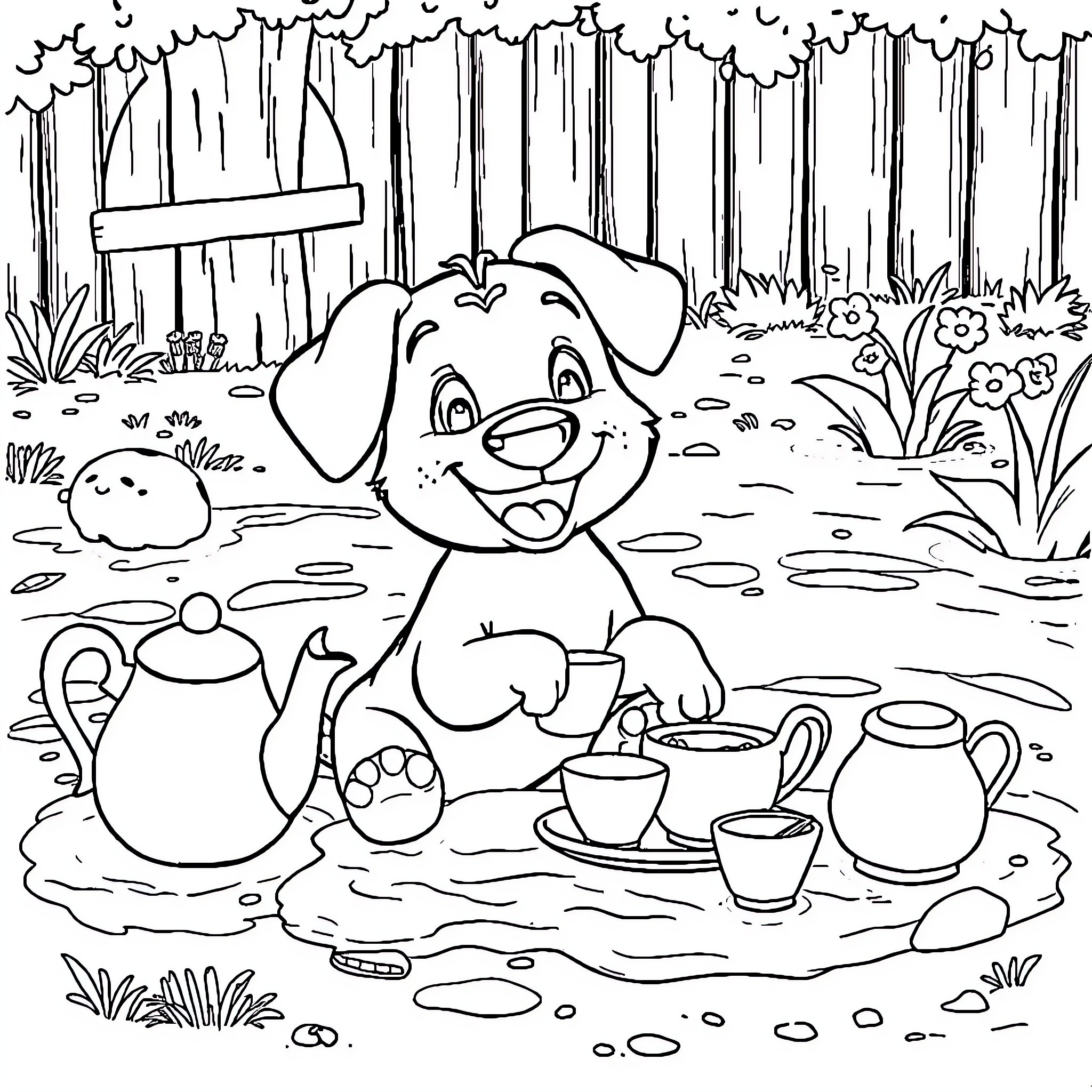 Bluey's Outdoor Tea Party Coloring Page (free black-and-white line drawing printable PDF for all, from beginners to advanced learners, including children, teens, adults, and seniors)