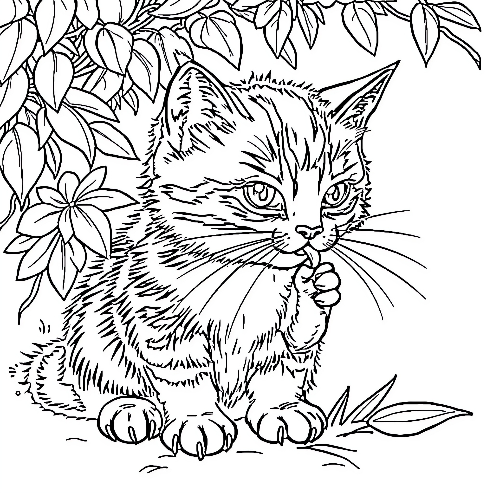 Cat and Mouse Encounter in the Garden Coloring Page (free black-and-white line drawing printable PDF for all, from beginners to advanced learners, including children, teens, adults, and seniors)