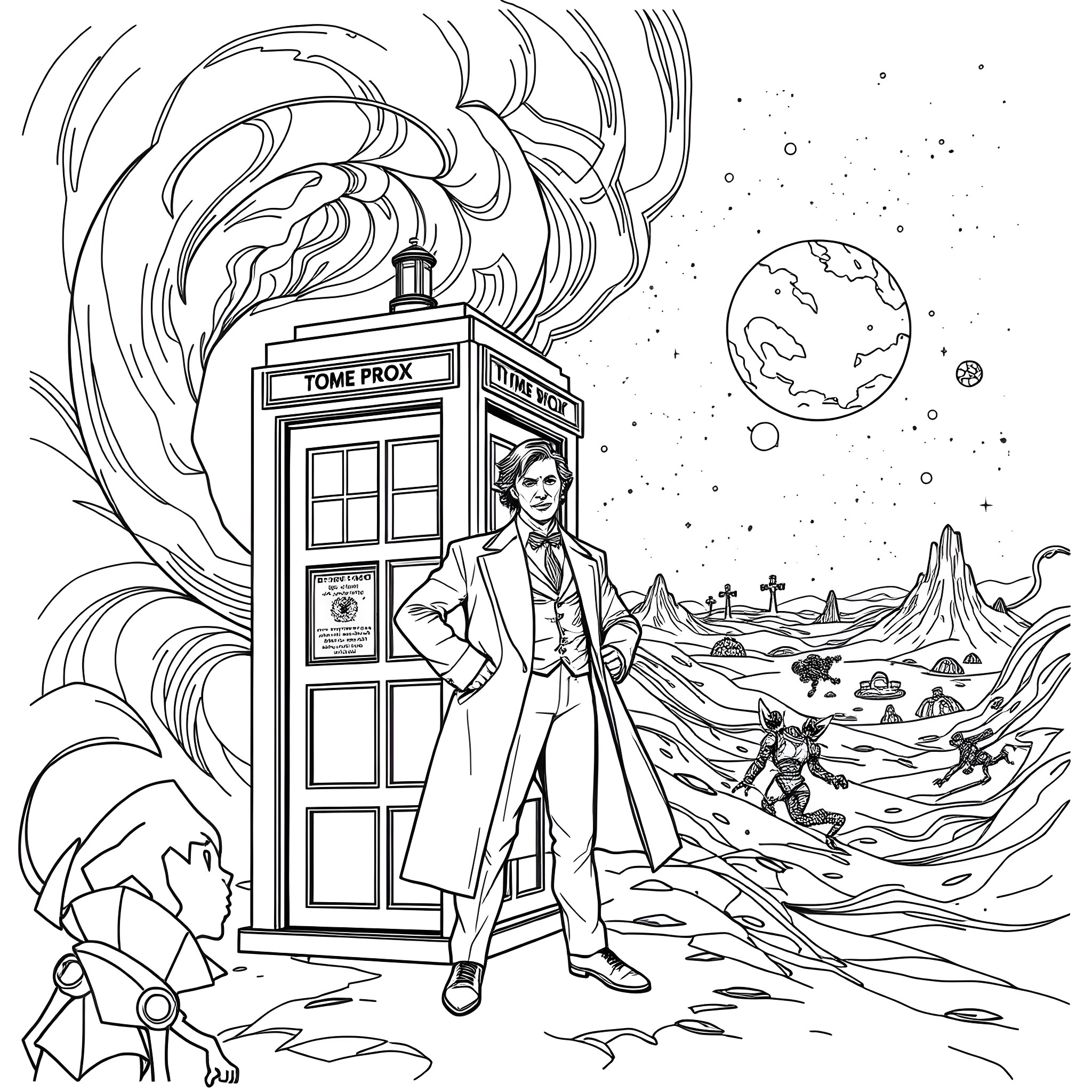 Doctor Who exploring the fantastical alien landscape Coloring Page (free black-and-white line drawing printable PDF for all, from beginners to advanced learners, including children, teens, adults, and seniors)