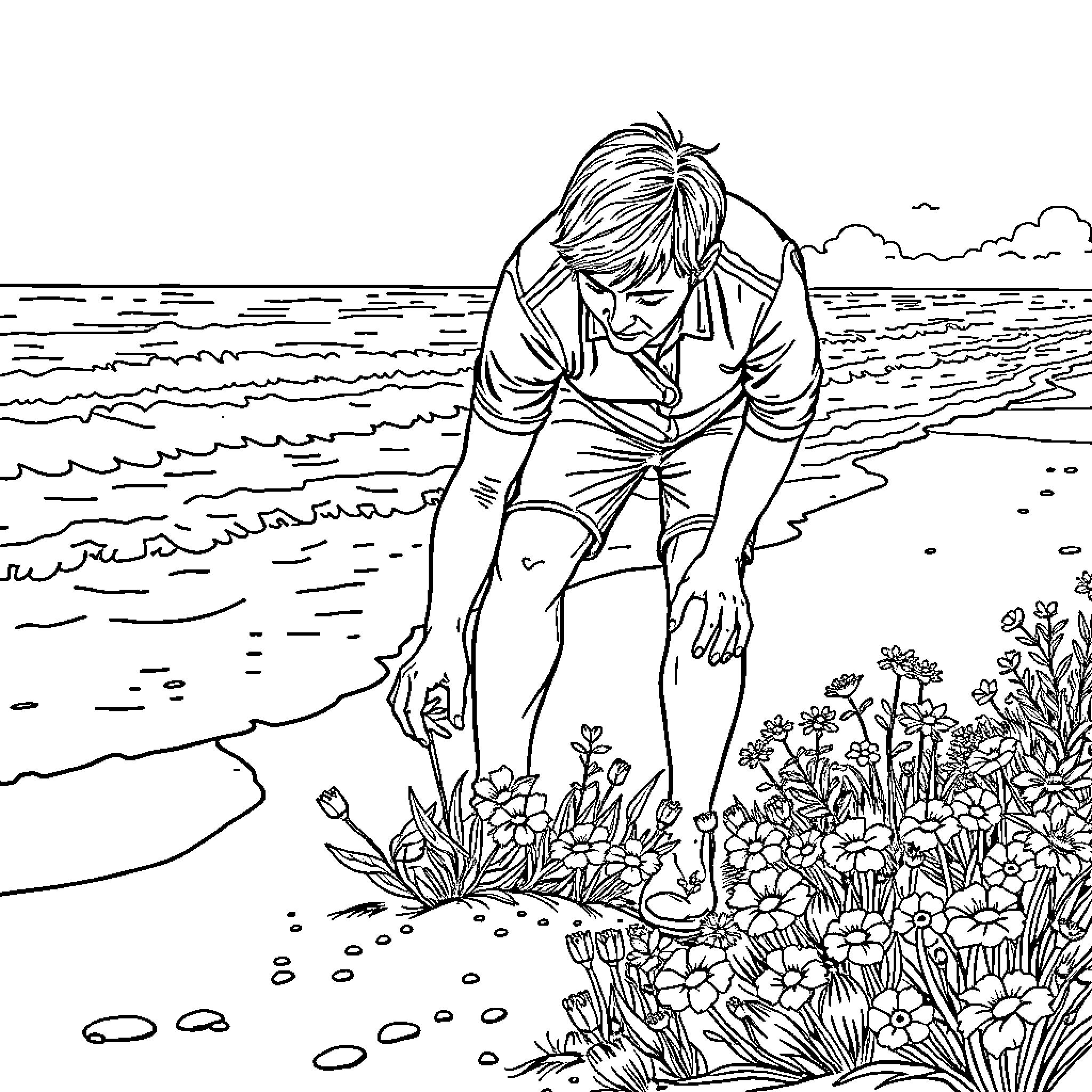 Erling Haaland exploring the serene beach landscape Coloring Page (free black-and-white line drawing printable PDF for all, from beginners to advanced learners, including children, teens, adults, and seniors)