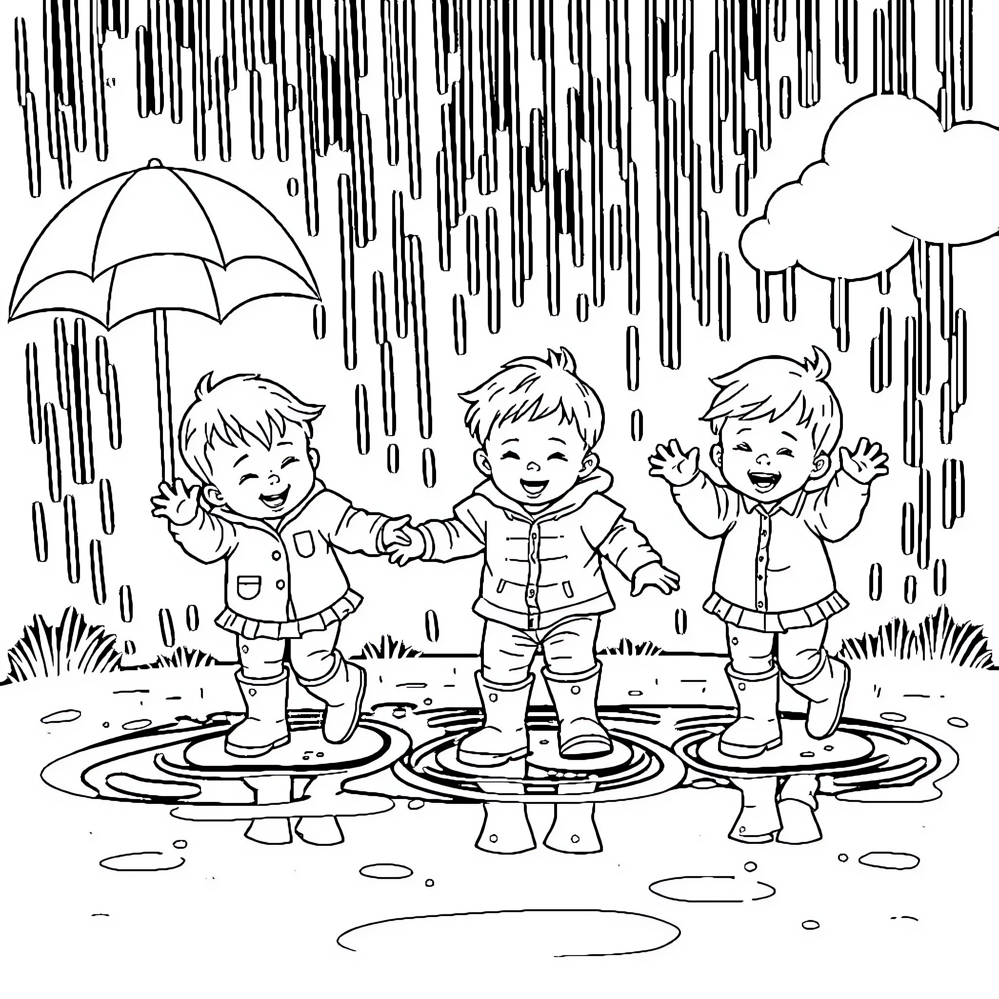 Baby Playing in the Rain Under Umbrellas Coloring Page (free black-and-white line drawing printable PDF for all, from beginners to advanced learners, including children, teens, adults, and seniors)