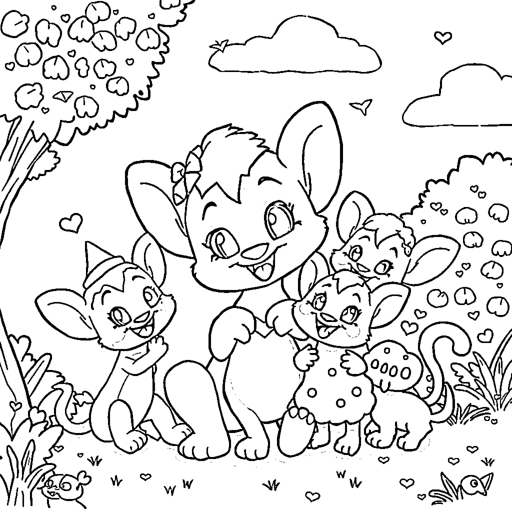 Bluey and Friends Explore the Outdoors Coloring Page (free black-and-white line drawing printable PDF for all, from beginners to advanced learners, including children, teens, adults, and seniors)