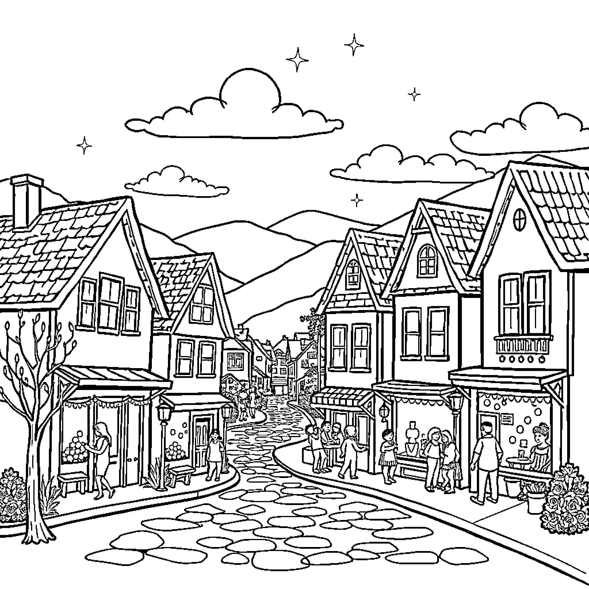Town with people walking and shopping in the street Coloring Page (free black-and-white line drawing printable PDF for all, from beginners to advanced learners, including children, teens, adults, and seniors)
