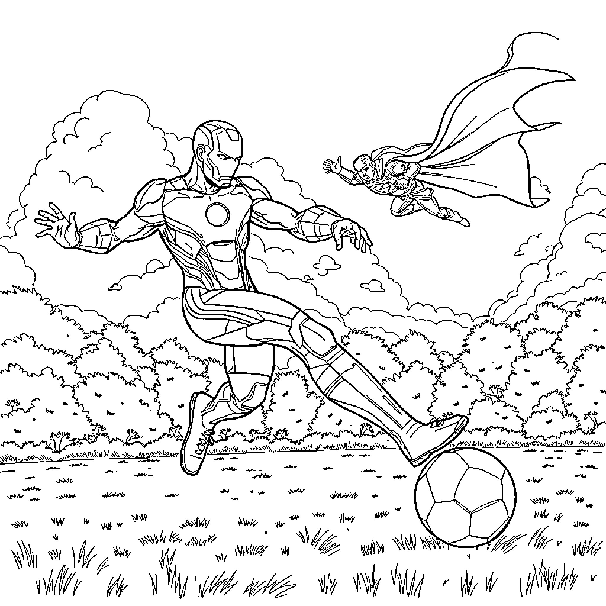 Ironman playing football with a sidekick Coloring Page (free black-and-white line drawing printable PDF for all, from beginners to advanced learners, including children, teens, adults, and seniors)