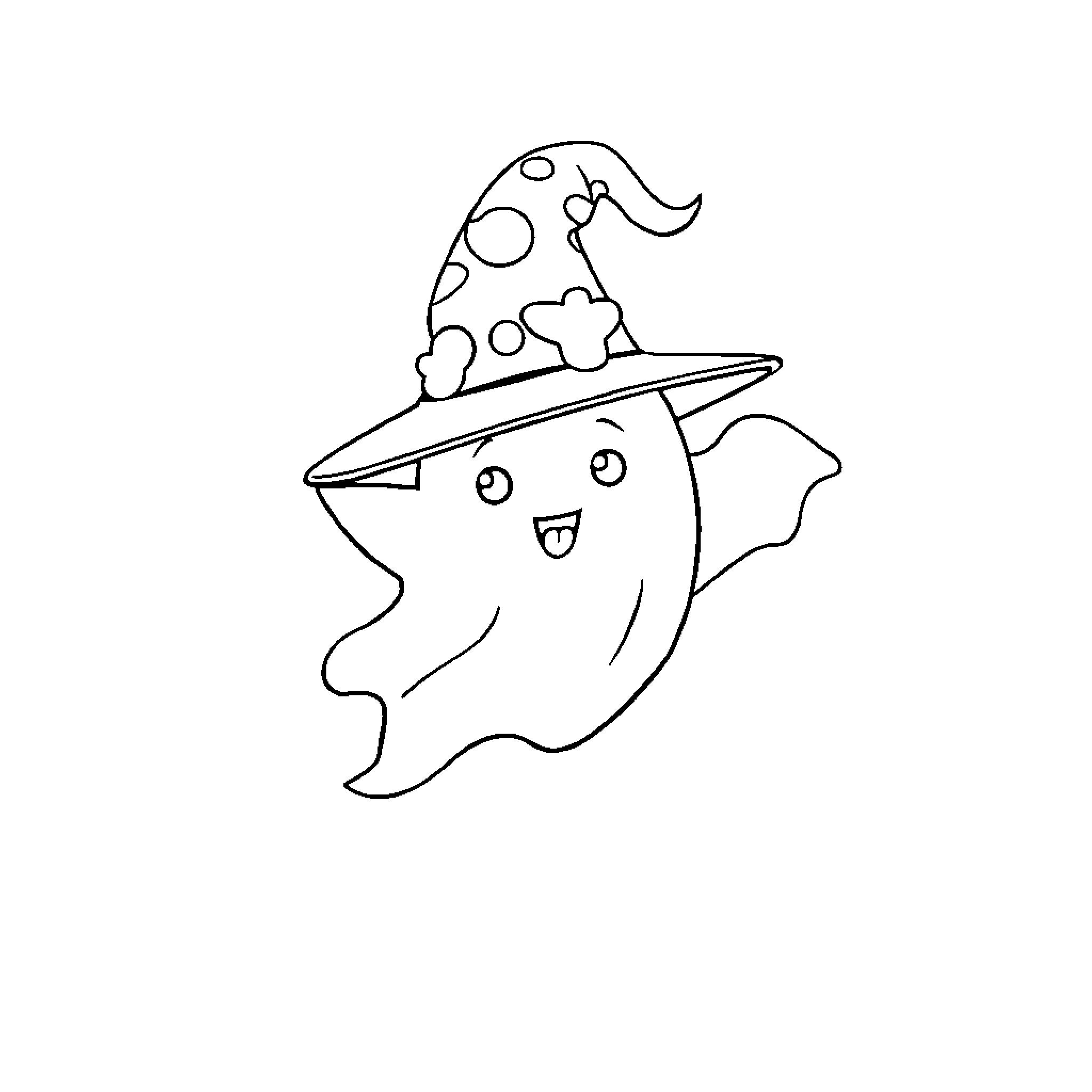 Ghost in a Polka Dot Witch Hat Coloring Page (free black-and-white line drawing printable PDF for all, from beginners to advanced learners, including children, teens, adults, and seniors)