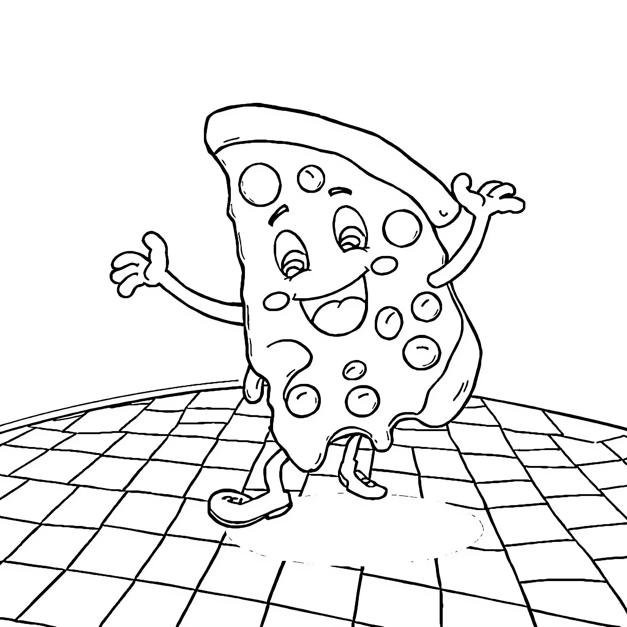 Pizza character happily dancing on checkered floor Coloring Page (free black-and-white line drawing printable PDF for all, from beginners to advanced learners, including children, teens, adults, and seniors)