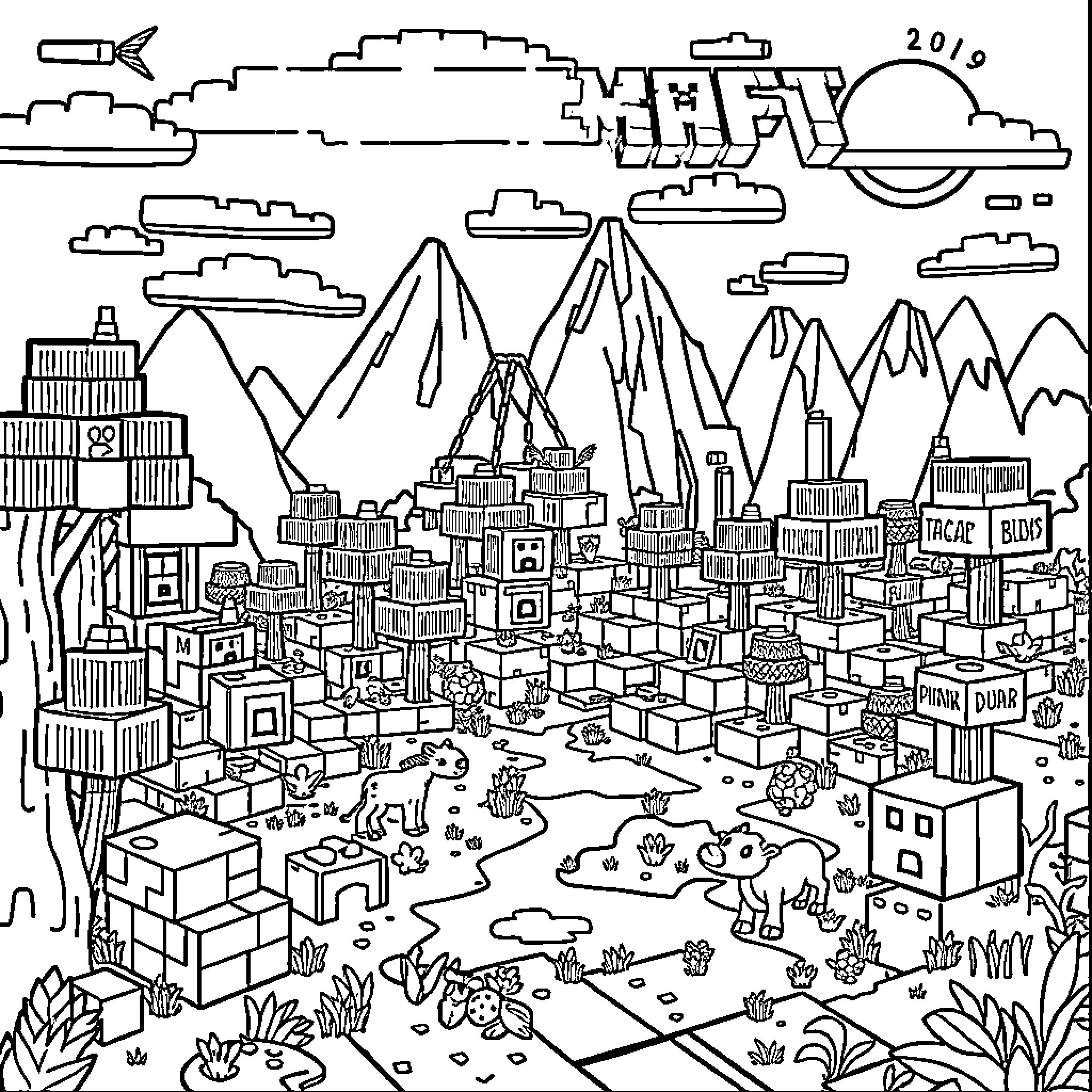 Minecraft Cityscape with Mountains and Wildlife Coloring Page (free black-and-white line drawing printable PDF for all, from beginners to advanced learners, including children, teens, adults, and seniors)