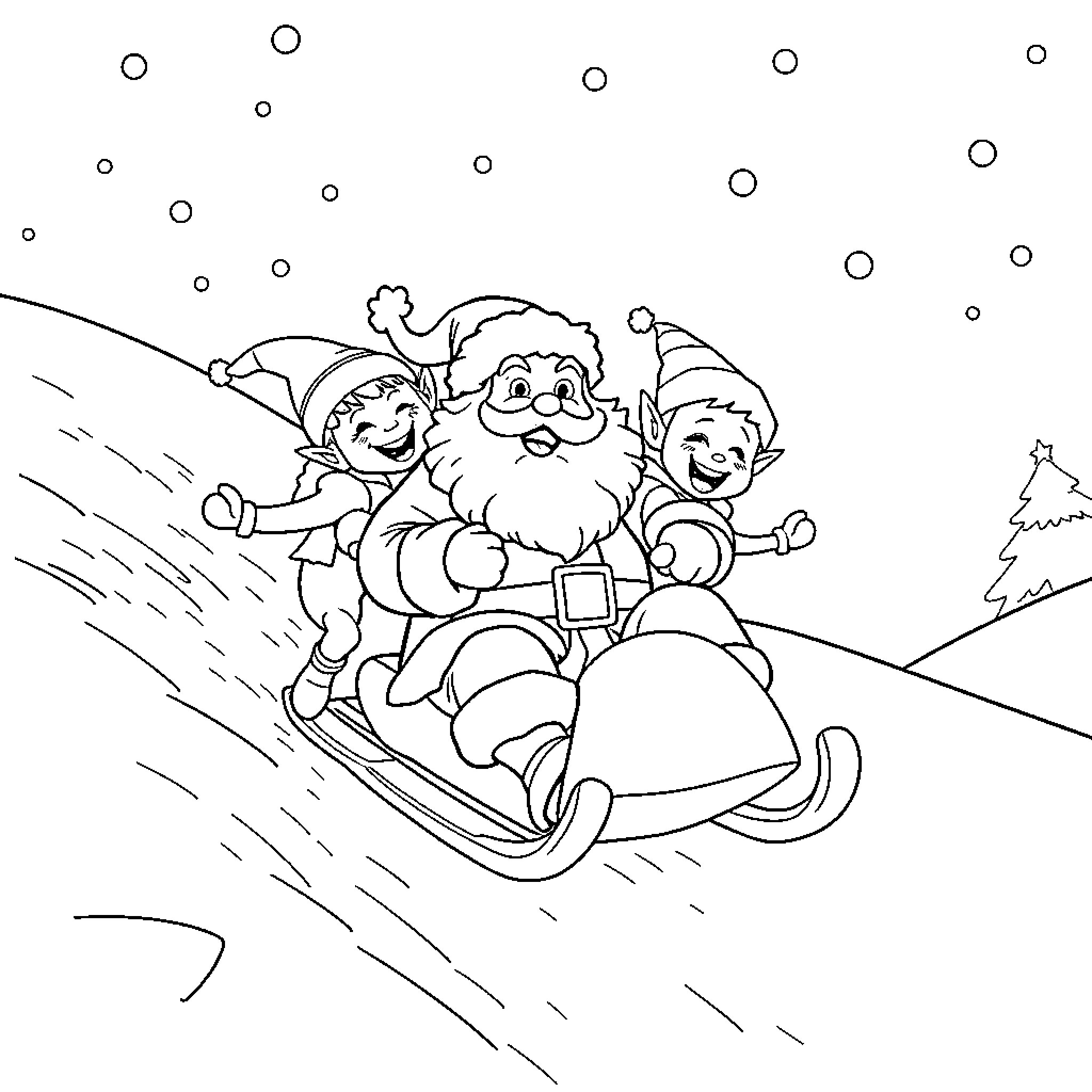 Santa sleighing with elves in snowy landscape Coloring Page (free black-and-white line drawing printable PDF for all, from beginners to advanced learners, including children, teens, adults, and seniors)