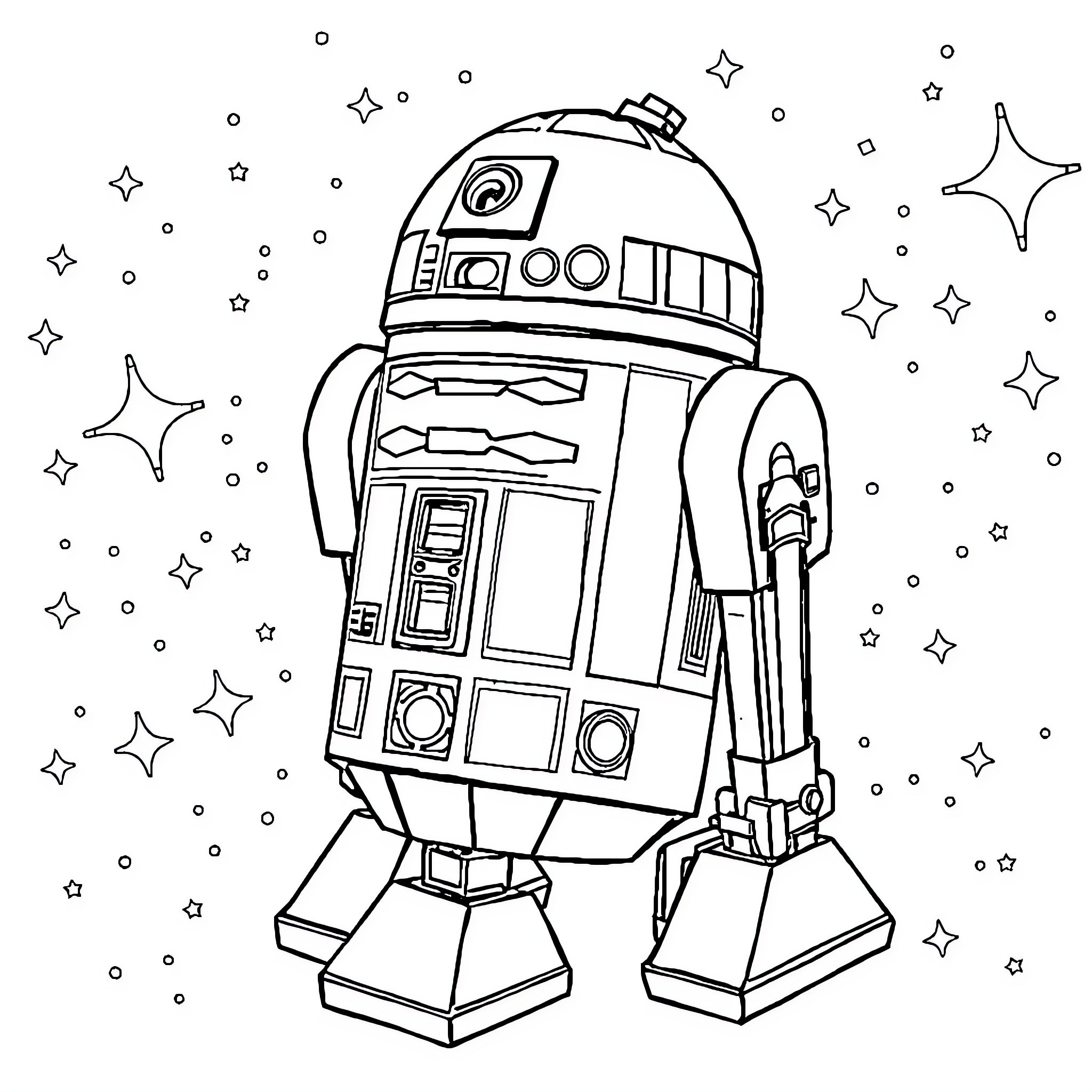 R2-D2 exploring the starry galaxy Coloring Page (free black-and-white line drawing printable PDF for all, from beginners to advanced learners, including children, teens, adults, and seniors)