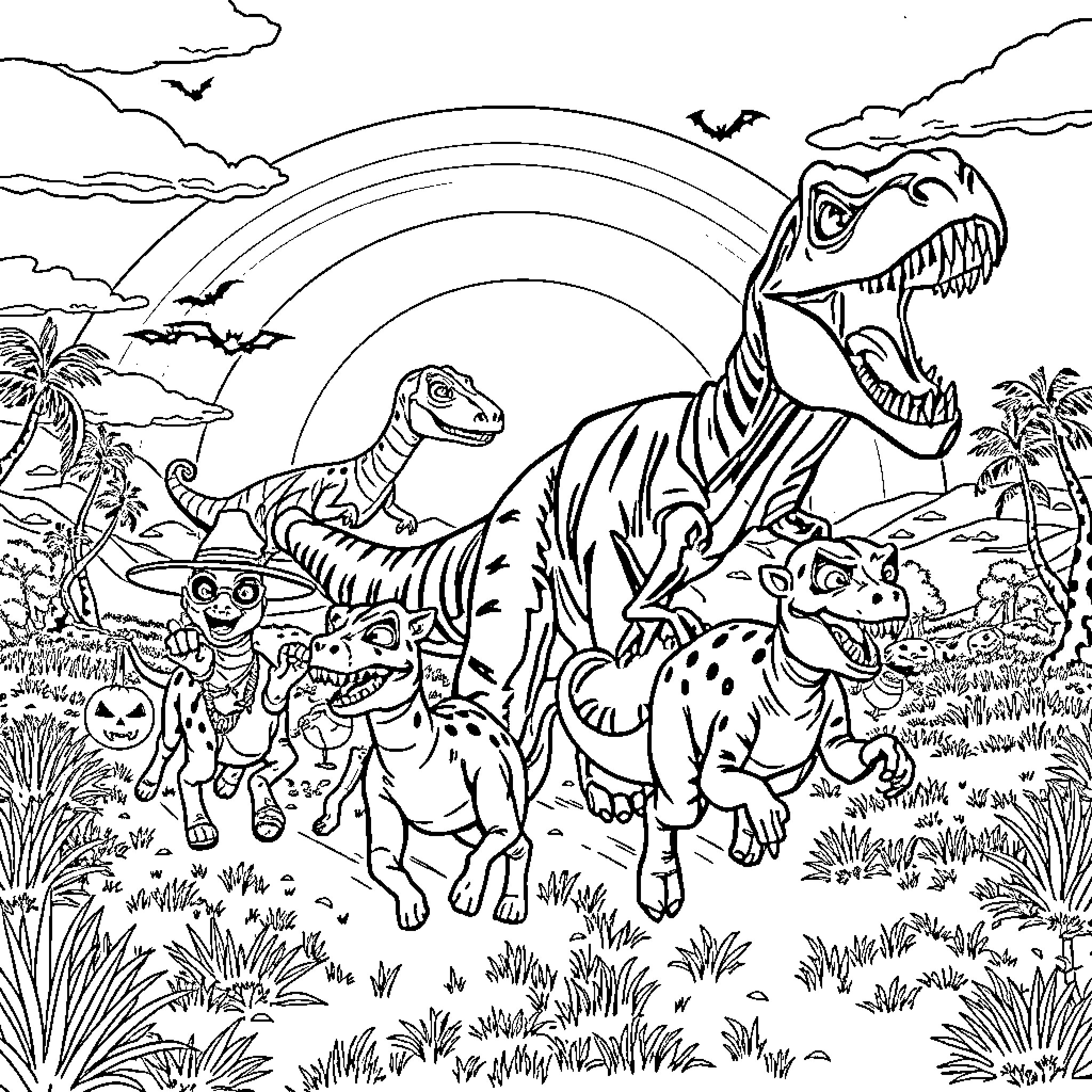 Safari Animal Adventure with Dinosaurs and Creatures Coloring Page (free black-and-white line drawing printable PDF for all, from beginners to advanced learners, including children, teens, adults, and seniors)