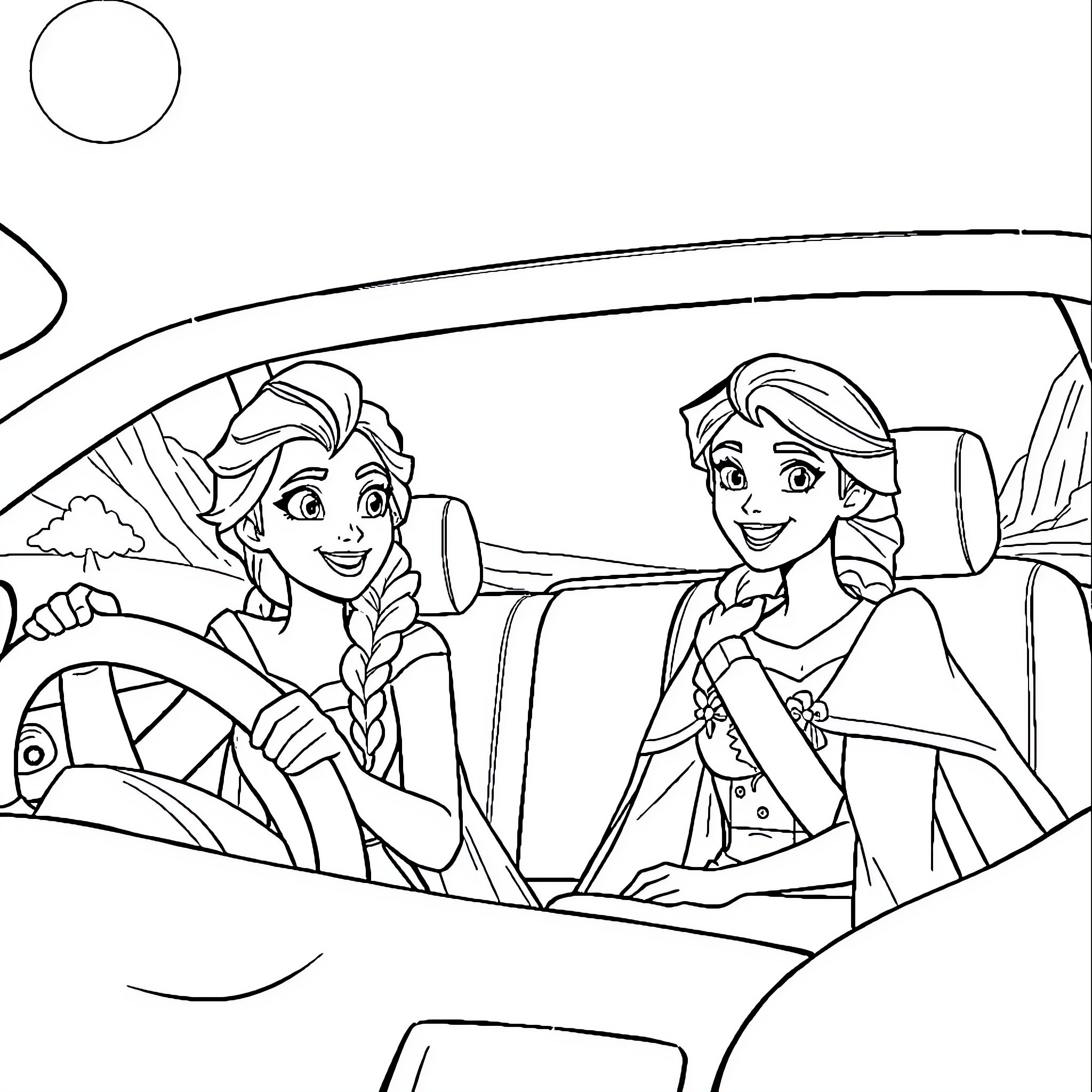 Car with two cheerful passengers on a journey Coloring Page (free black-and-white line drawing printable PDF for all, from beginners to advanced learners, including children, teens, adults, and seniors)