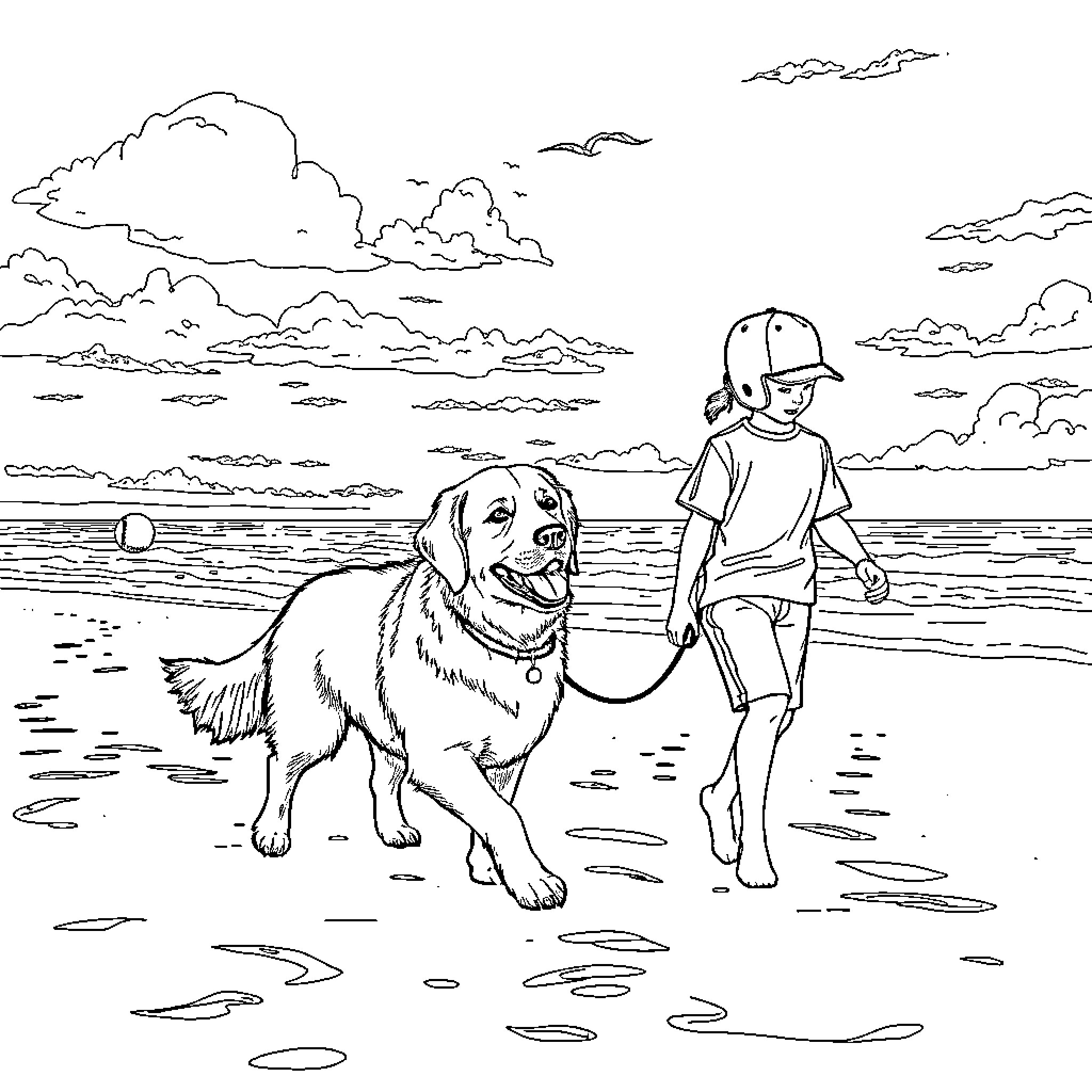 Golden Retriever playing with child on the beach Coloring Page (free black-and-white line drawing printable PDF for all, from beginners to advanced learners, including children, teens, adults, and seniors)