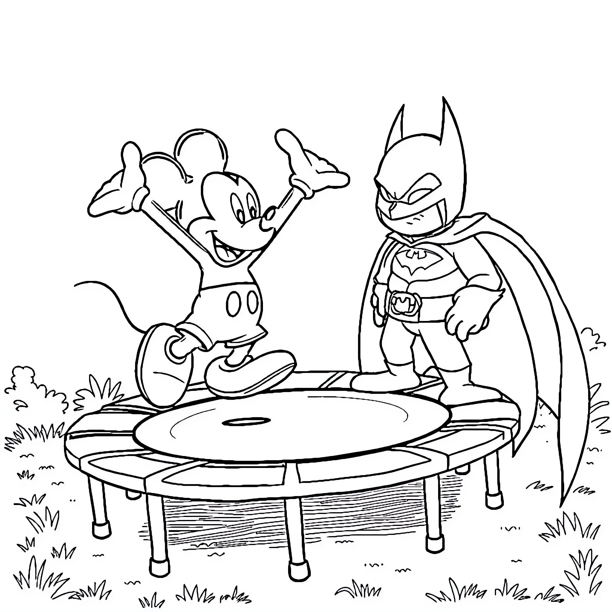 Mickey Mouse and Batman playing on a trampoline Coloring Page (free black-and-white line drawing printable PDF for all, from beginners to advanced learners, including children, teens, adults, and seniors)