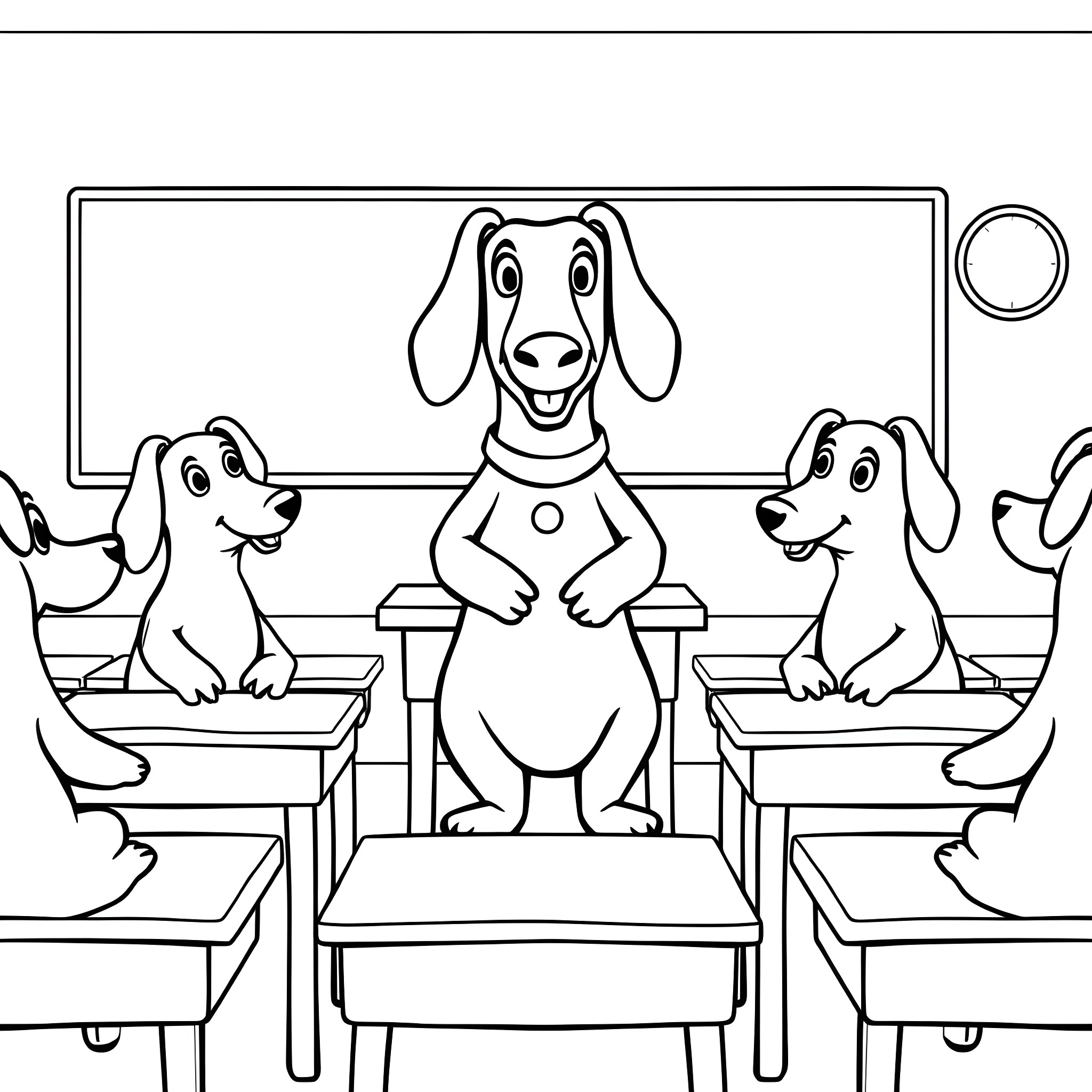 Sausage Dogs Sitting Happily in Classroom Coloring Page (free black-and-white line drawing printable PDF for all, from beginners to advanced learners, including children, teens, adults, and seniors)