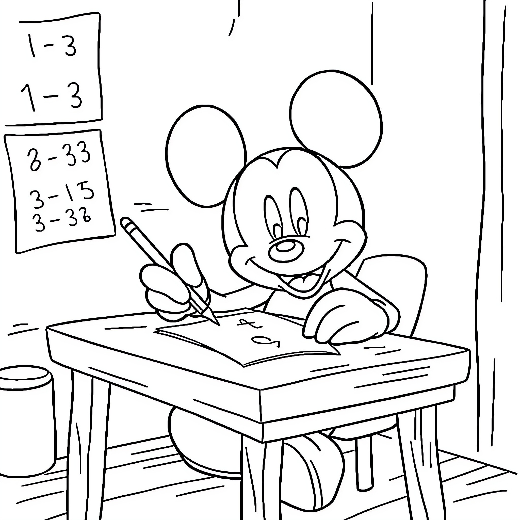 Mickey Mouse happily drawing in the classroom Coloring Page (free black-and-white line drawing printable PDF for all, from beginners to advanced learners, including children, teens, adults, and seniors)