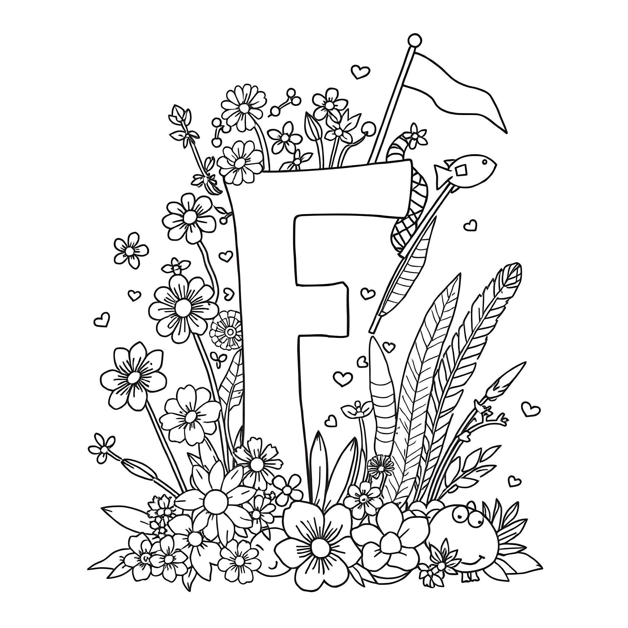 Letter F with Floral and Feathers Decor Coloring Page (free black-and-white line drawing printable PDF for all, from beginners to advanced learners, including children, teens, adults, and seniors)